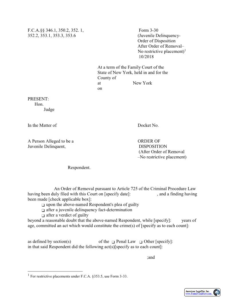 Order Of Disposition After Order Of Removal No Restrictive Placement {3-30} | Pdf Fpdf Docx | New York