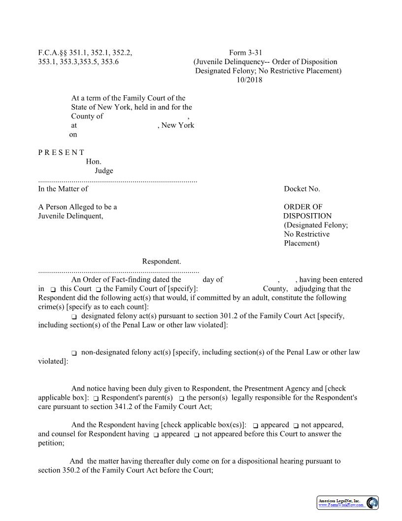 Order Of Disposition Designated Felony No Restrictive Placement {3-31} | Pdf Fpdf Docx | New York