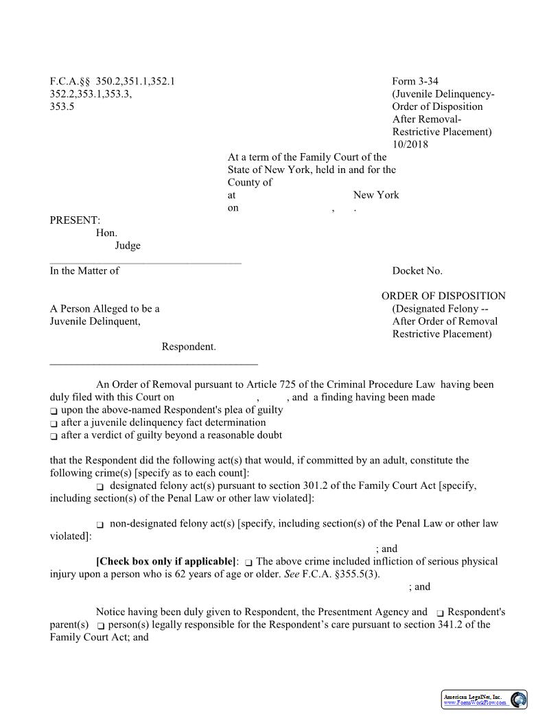 Order Of Disposition Felony After Order Of Removal Restrictive Placement {3-34} | Pdf Fpdf Docx | New York
