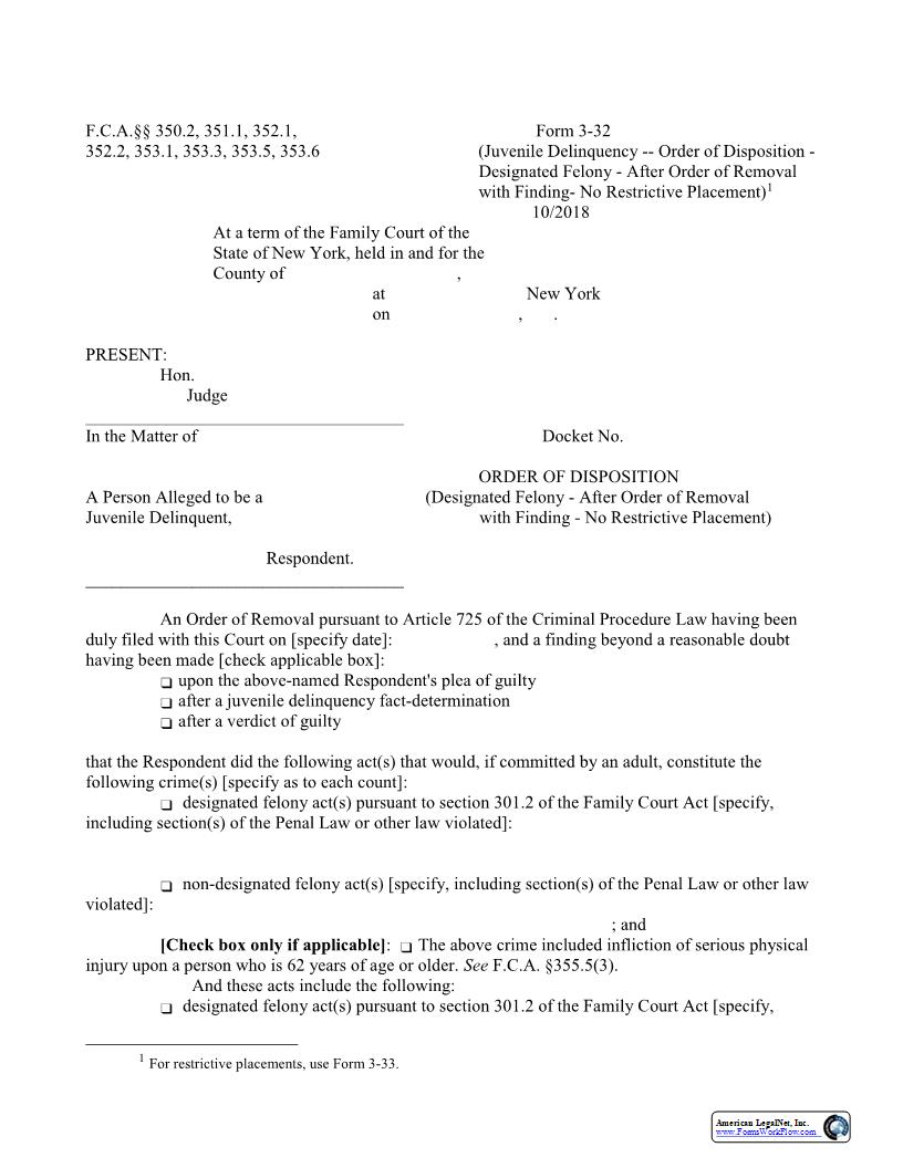 Order Of Disposition Felony After Order Removal No Restrictive Placement {3-32} | Pdf Fpdf Docx | New York