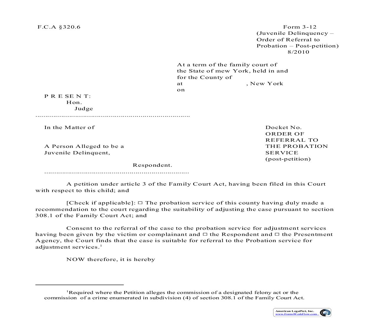 Order Of Referral To The Probation Service Post Petition {3-12} | Pdf Fpdf Doc Docx | New York