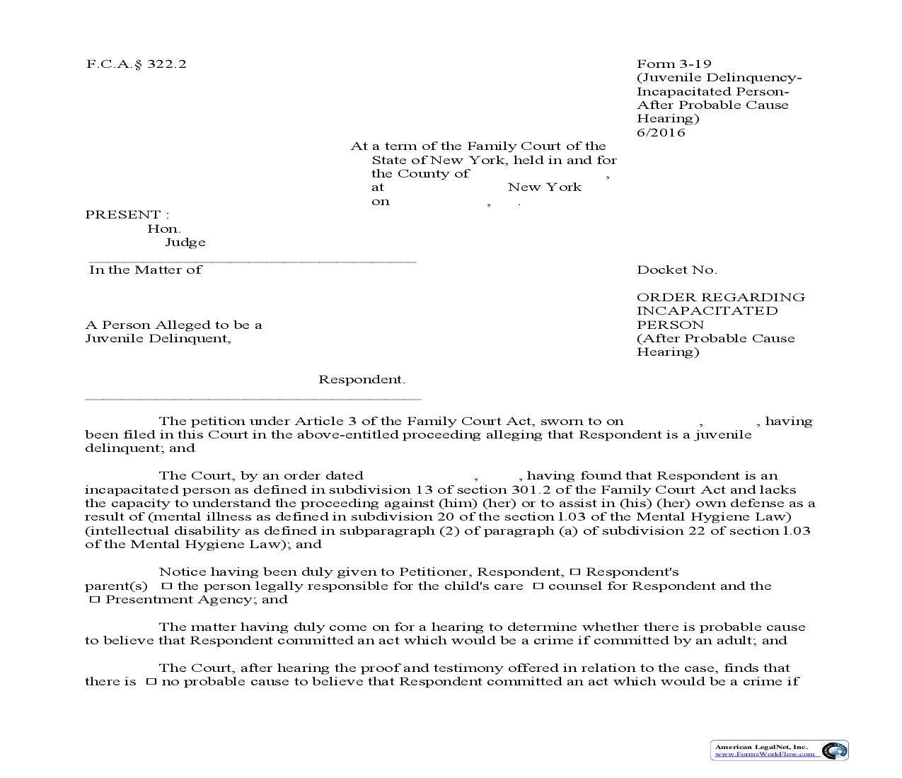 Order Regarding Incapacitated Person After Probable Cause Hearing {3-19} | Pdf Fpdf Doc Docx | New York