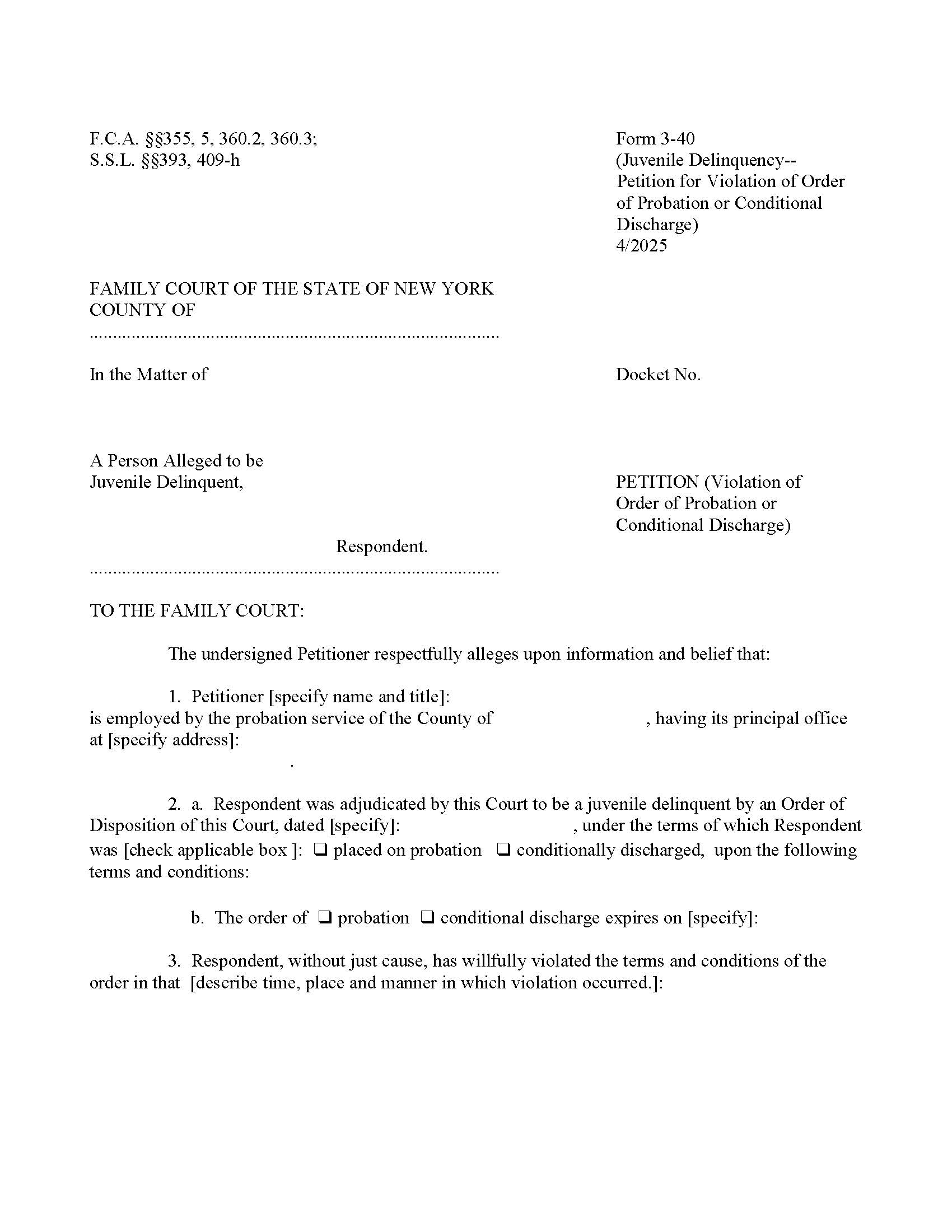 Petition (For Violation Of Order Of Probation Or Conditional Discharge) {3-40} | Pdf Fpdf Doc Docx | New York