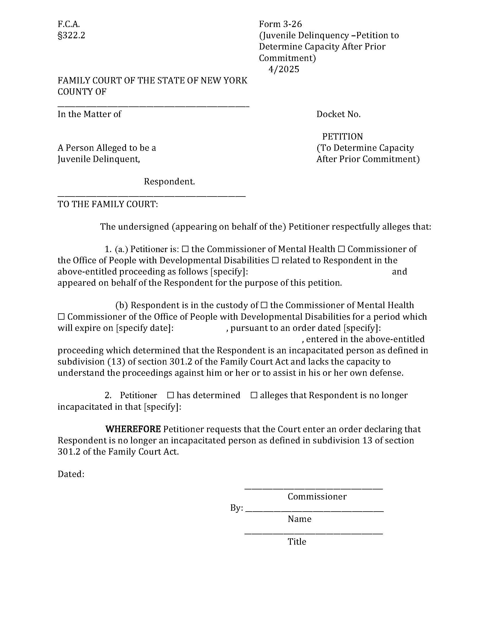 Petition To Determine Capacity After Prior Commitment {3-26} | Pdf Fpdf Doc Docx | New York