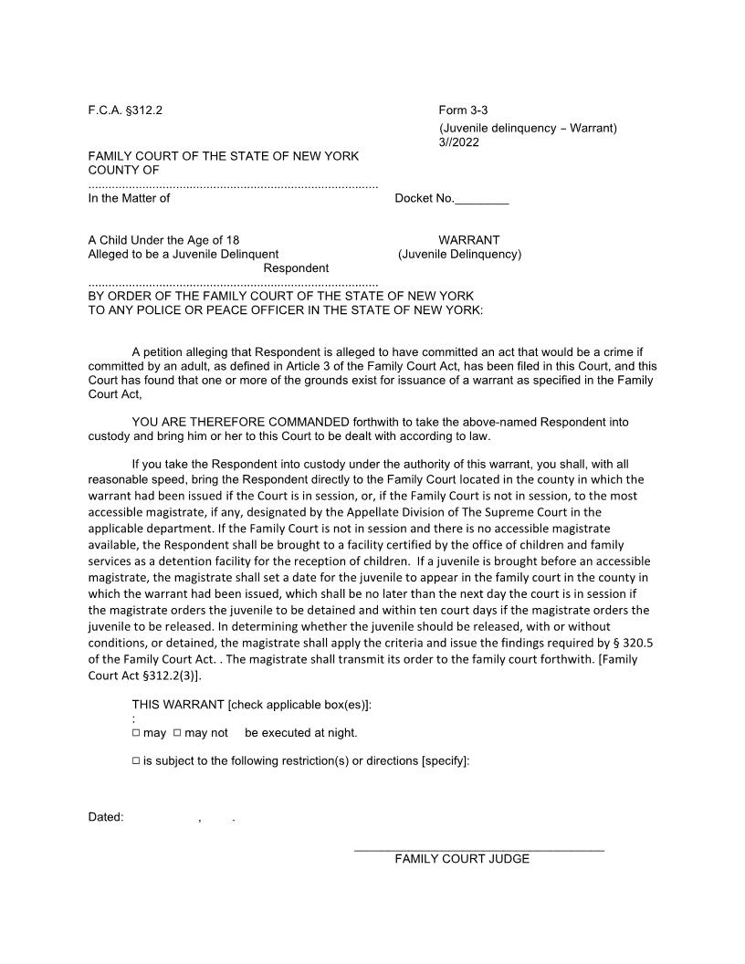 Warrant (Juvenile Delinquency) {3-3} | Pdf Fpdf Docx | New York