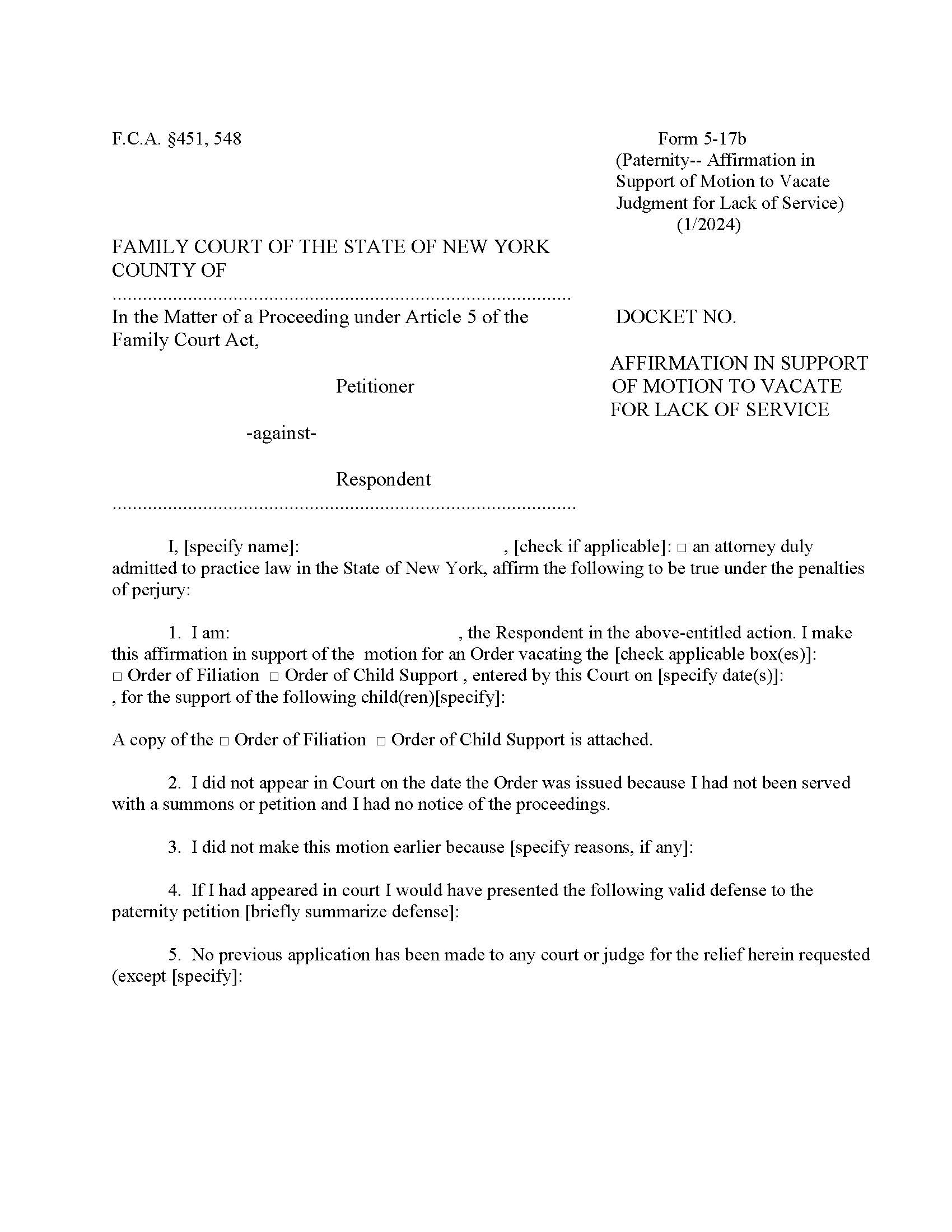 Affirmation In Support Of Motion To Vacate For Lack Of Service {5-17b} | Pdf Fpdf Doc Docx | New York
