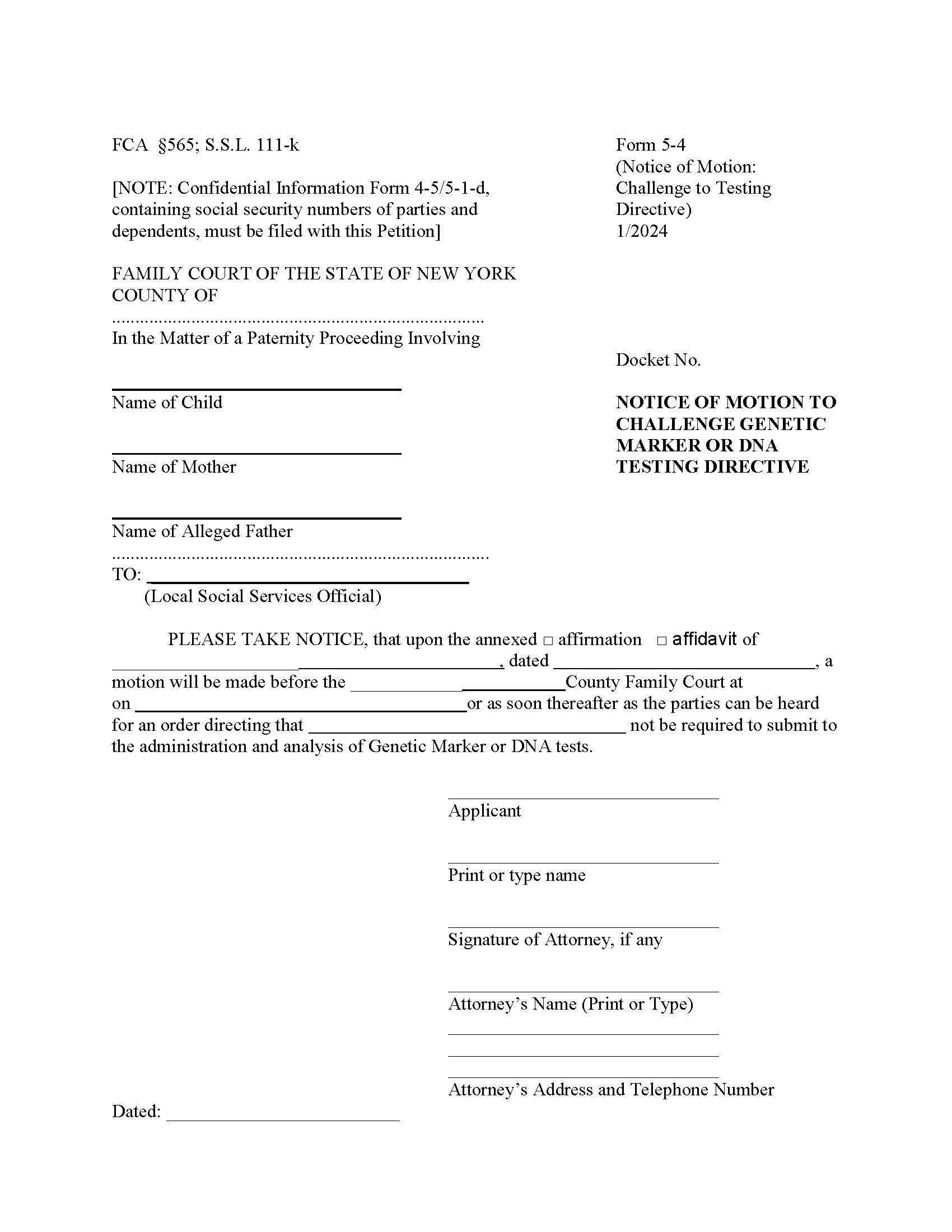 Notice Of Motion To Challenge Genetic Marker Or DNA Testing Directive {5-4} | Pdf Fpdf Doc Docx | New York