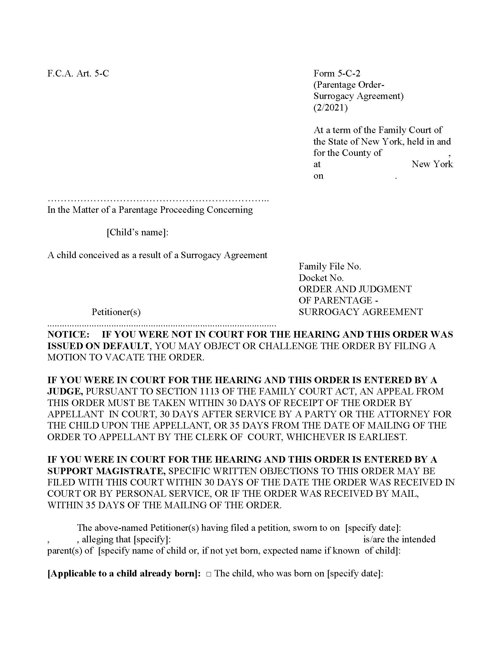 Order And Judgment Of Parentage - Surrogacy Agreement {5-C-2} | Pdf Fpdf Docx | New York