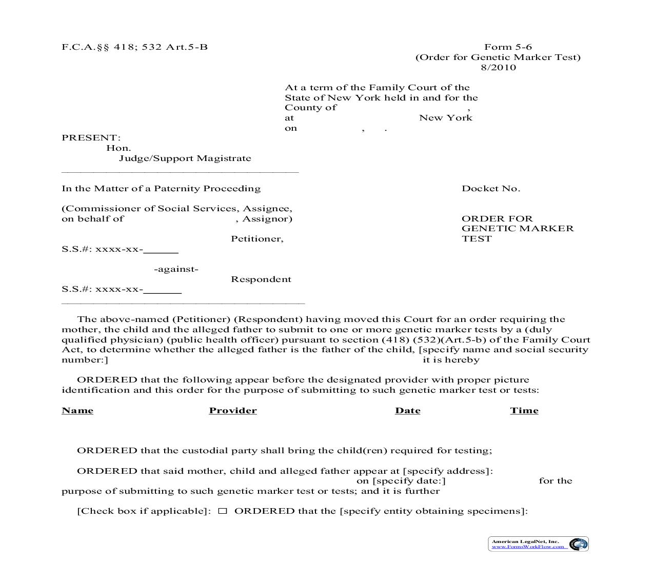 Order For Genetic Marker Test {5-6} | Pdf Fpdf Doc Docx | New York