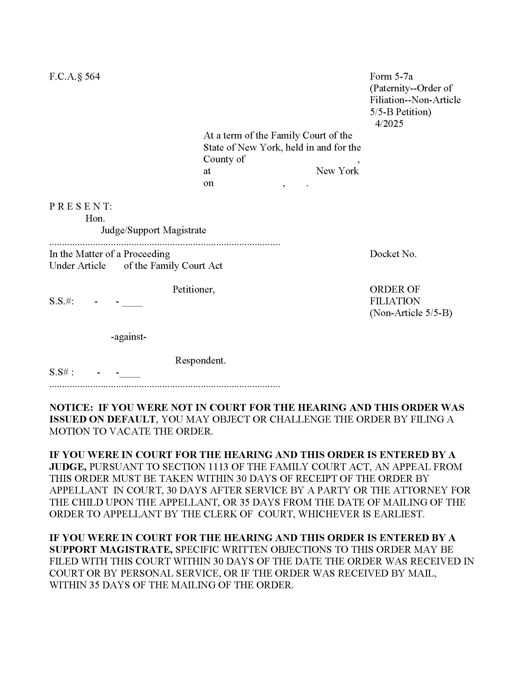 Order Of Filiation (Non Article 5-5-B) {5-7a} | Pdf Fpdf Doc Docx | New York