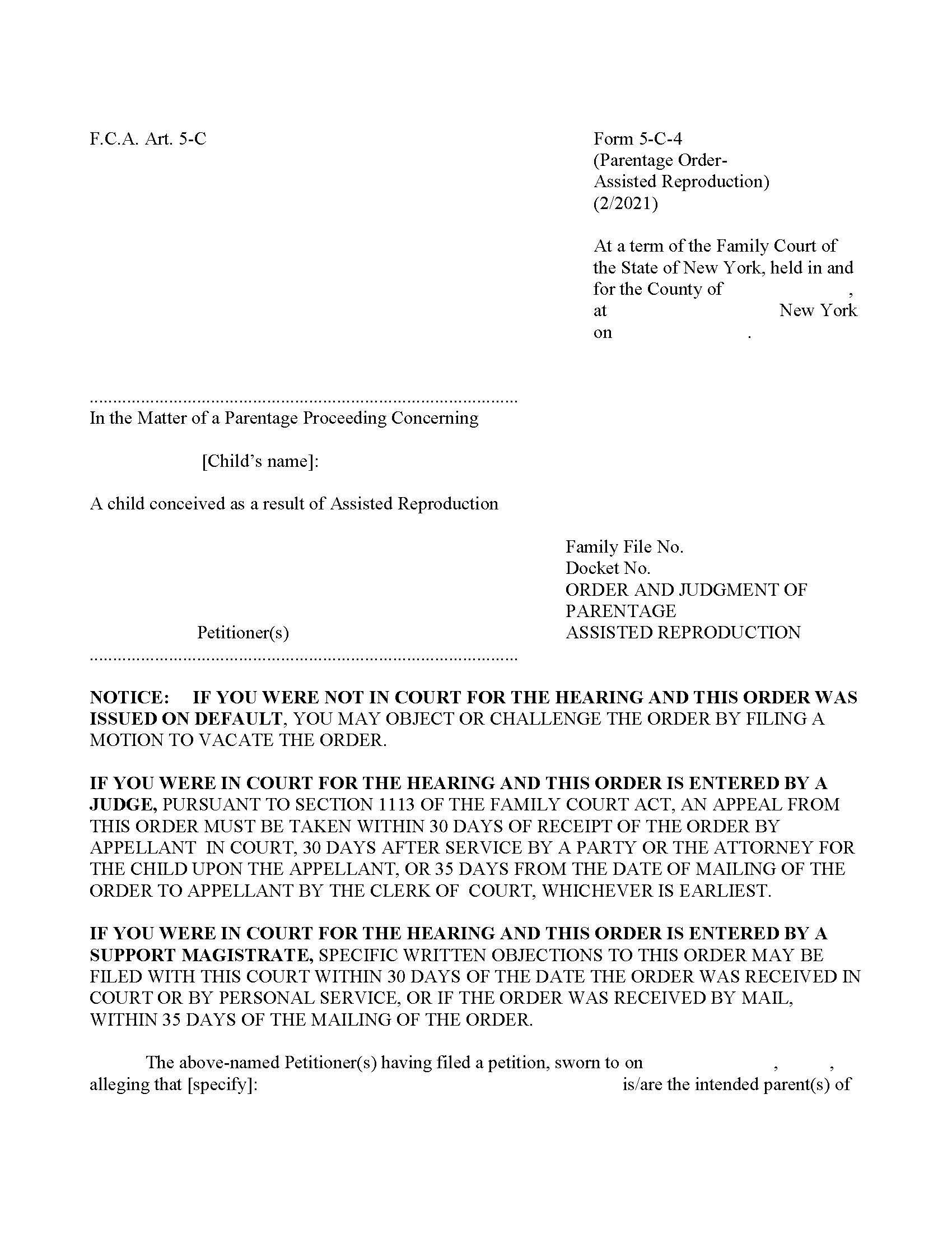 Order Of Parentage - Assisted Reproduction {5-C-4} | Pdf Fpdf Docx | New York