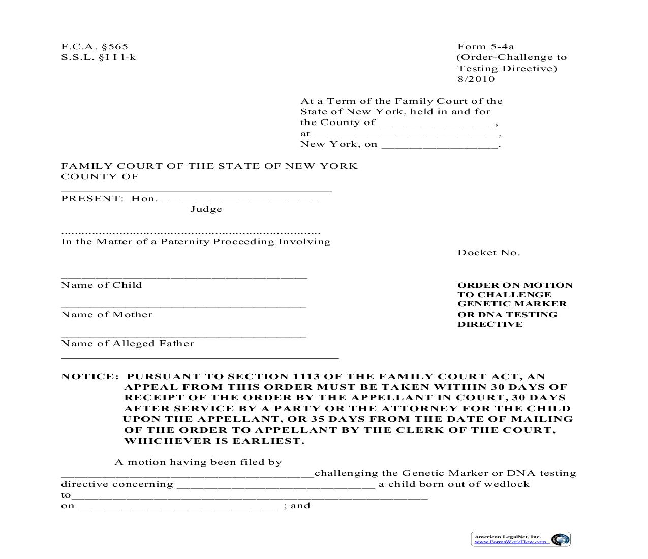 Order On Motion To Challenge Genetic Marker Or DNA Testing Directive {5-4a} | Pdf Fpdf Doc Docx | New York