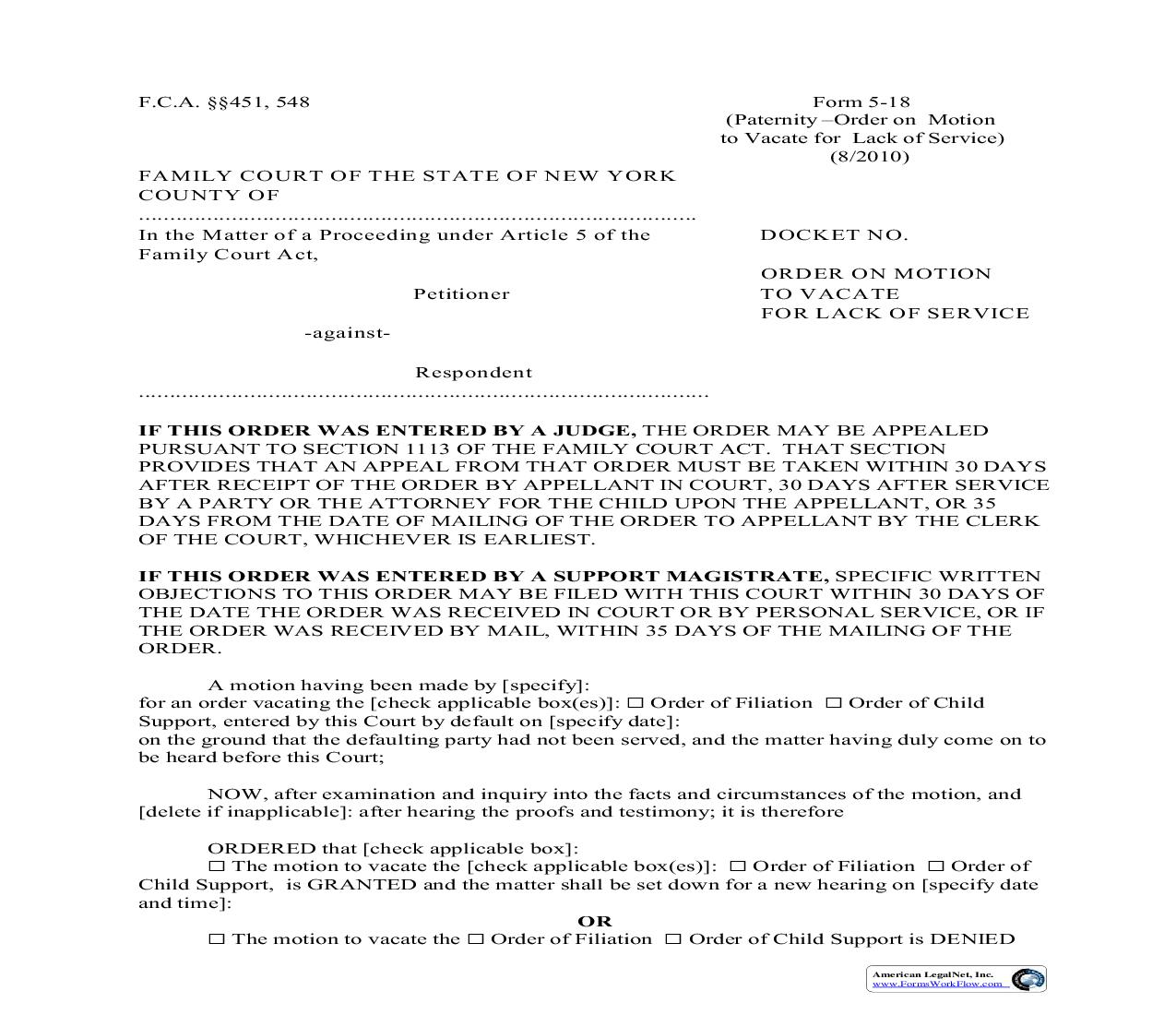 Order On Motion To Vacate For Lack Of Service {5-18} | Pdf Fpdf Doc Docx | New York