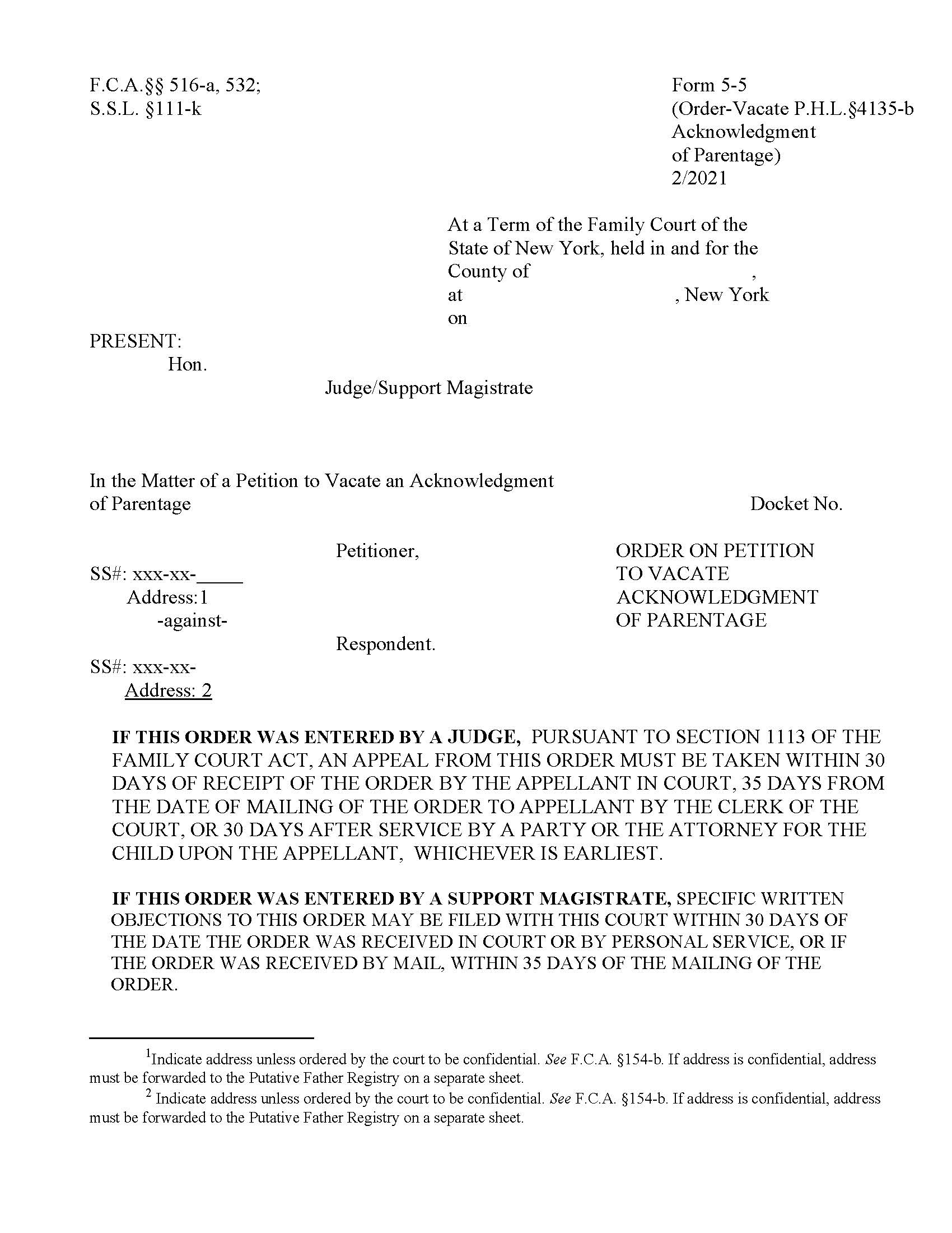 Order On Petition To Vacate Acknowledgment Of Parentage {5-5} | Pdf Fpdf Doc Docx | New York