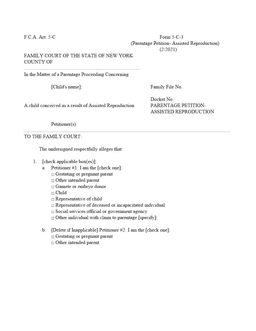 Parentage Petition-Assisted Reproduction {5-C-3} | Pdf Fpdf Docx | New York
