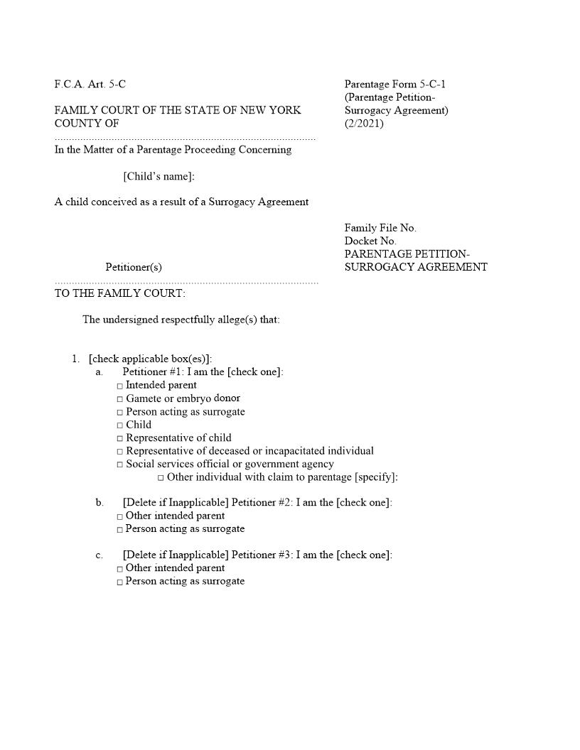 Parentage Petition-Surrogacy Agreement {5-C-1} | Pdf Fpdf Docx | New York