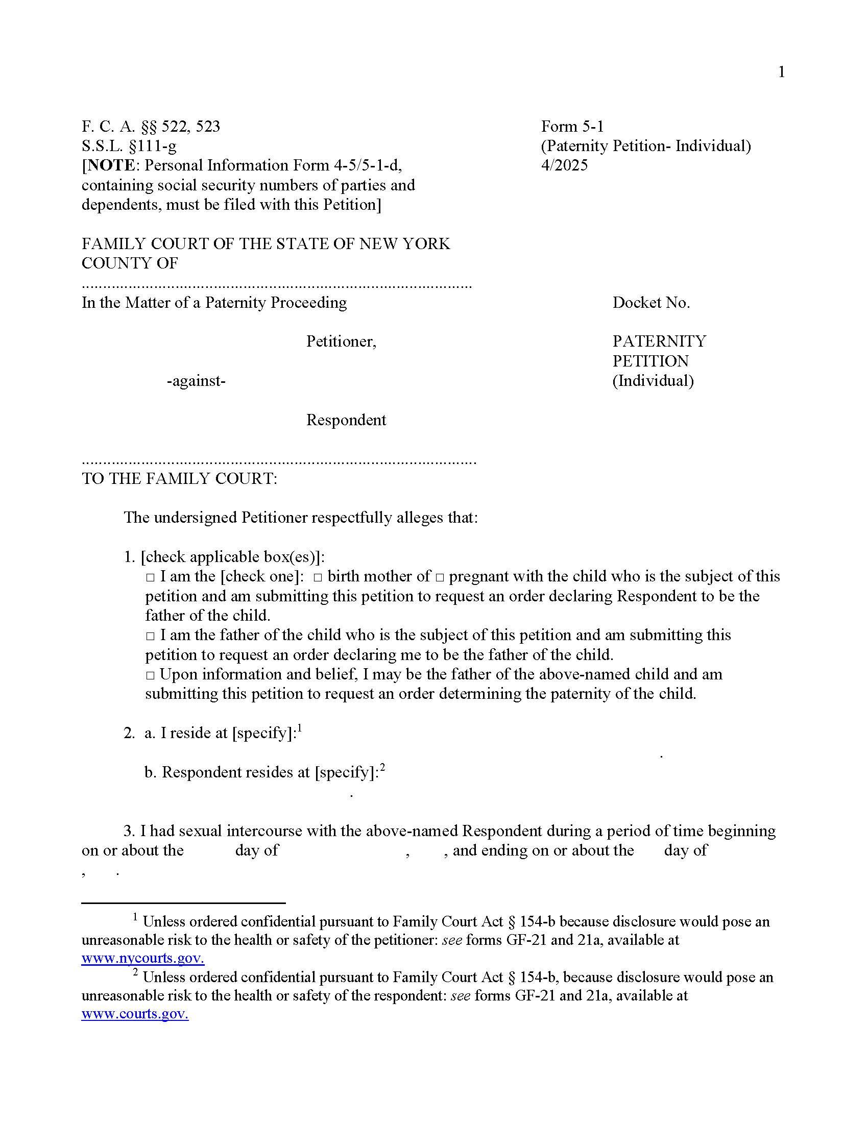 Paternity Petition (Individual) {5-1} | Pdf Fpdf Doc Docx | New York