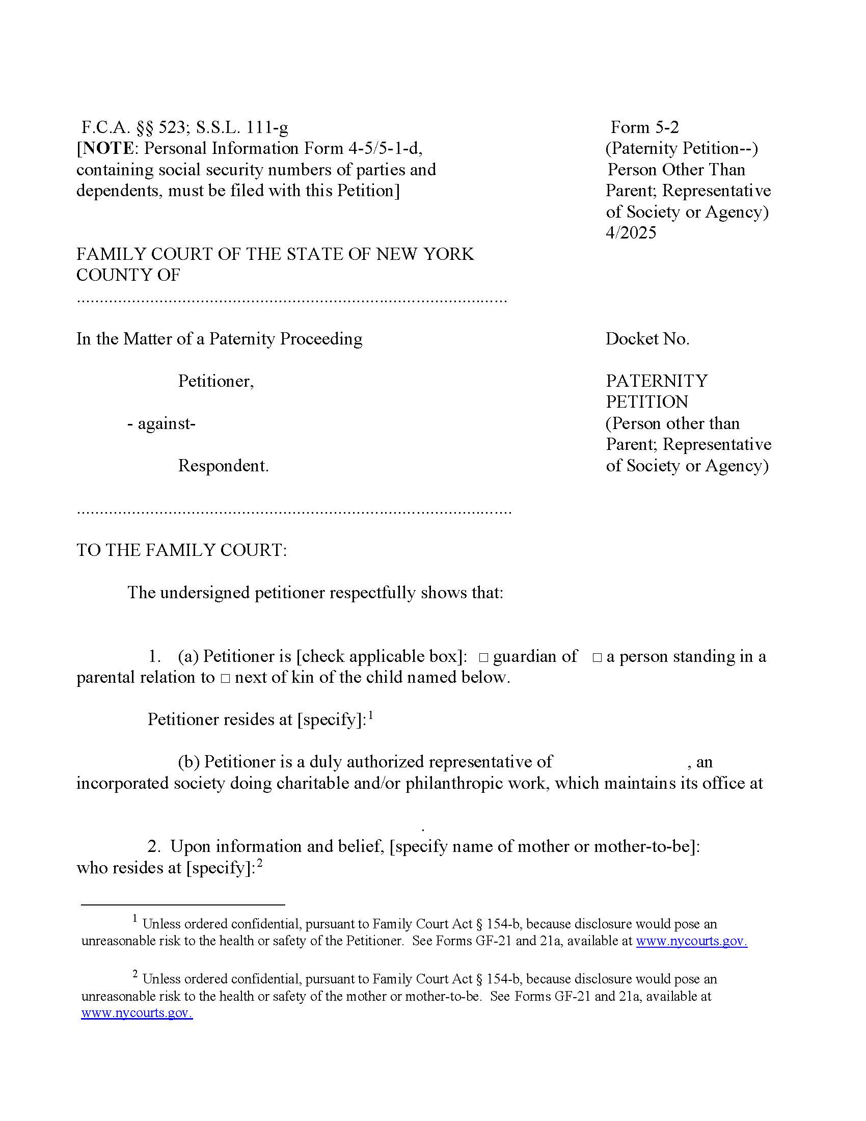 Paternity Petition Person Other Than Parent Representative Of Society {5-2} | Pdf Fpdf Doc Docx | New York