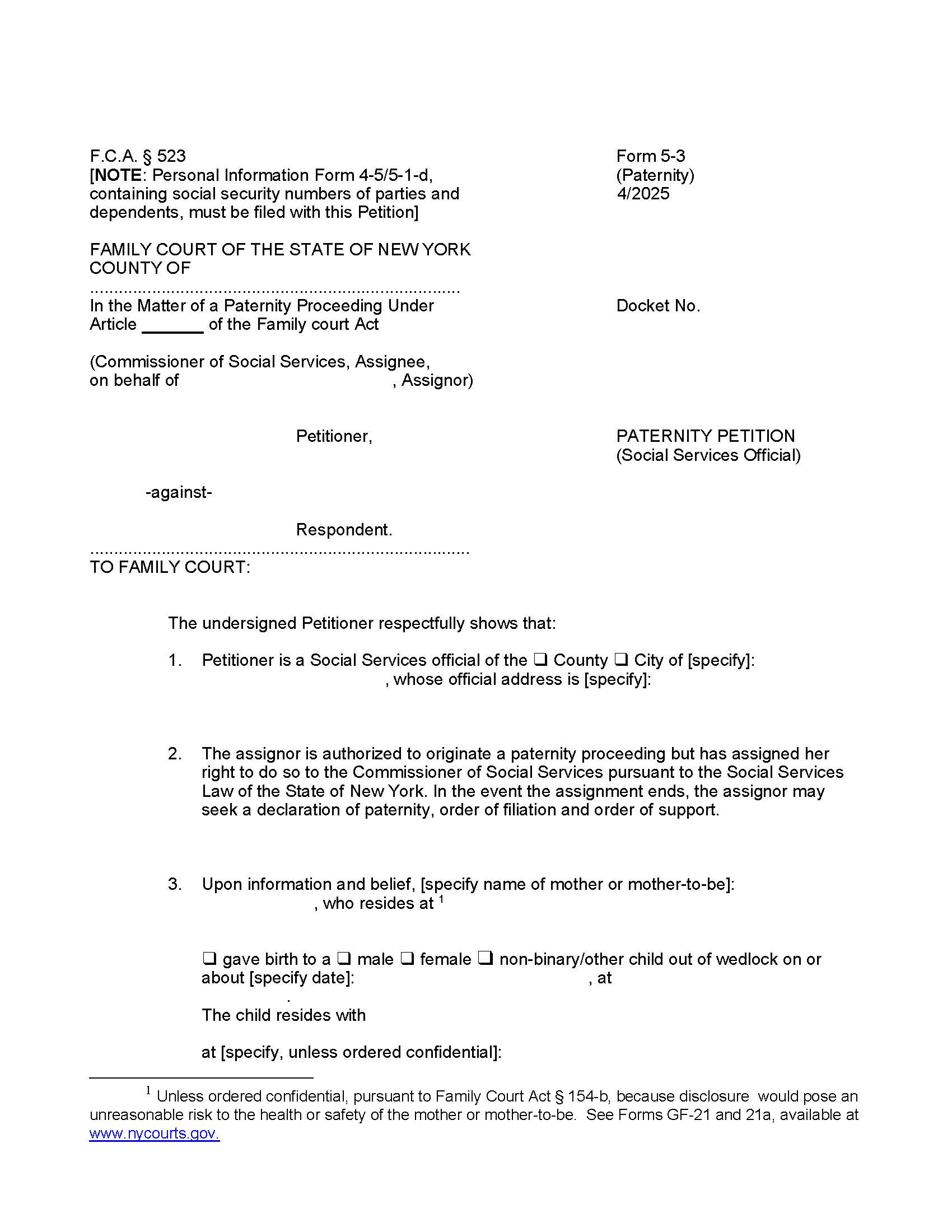 Paternity Petition Social Services Official {5-3} | Pdf Fpdf Doc Docx | New York