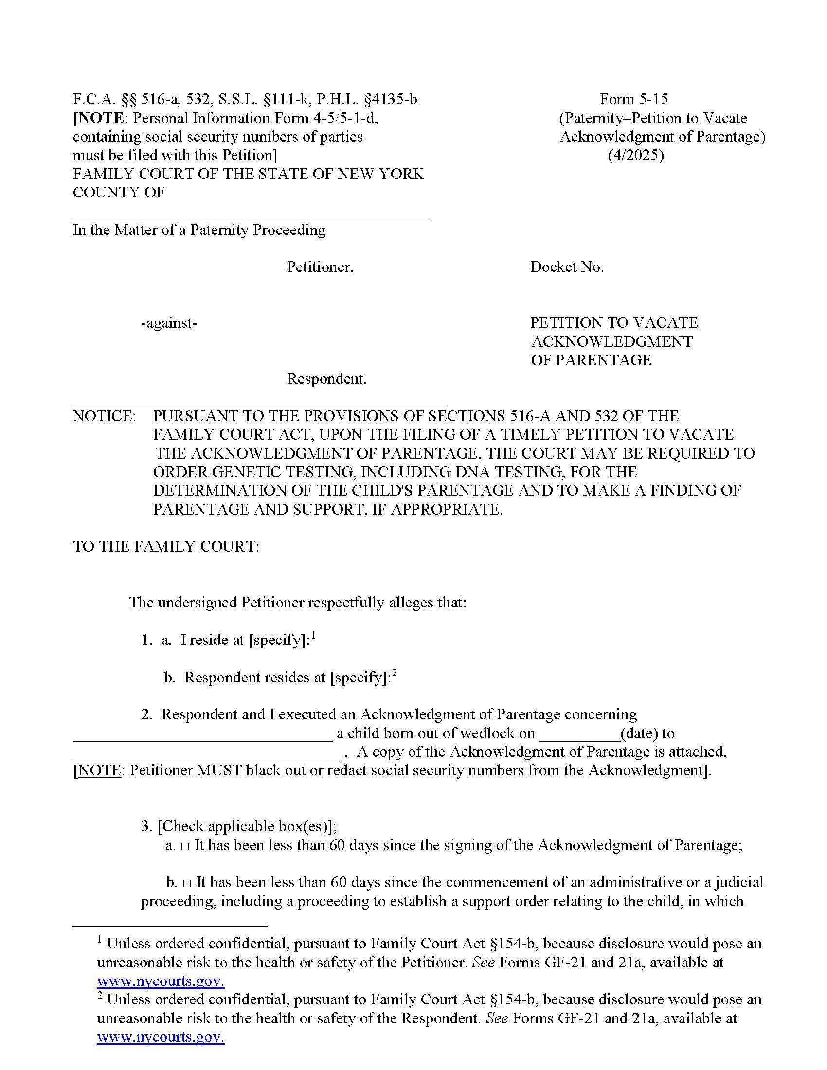Petition To Vacate Acknowledgment Of Parentage {5-15} | Pdf Fpdf Doc Docx | New York
