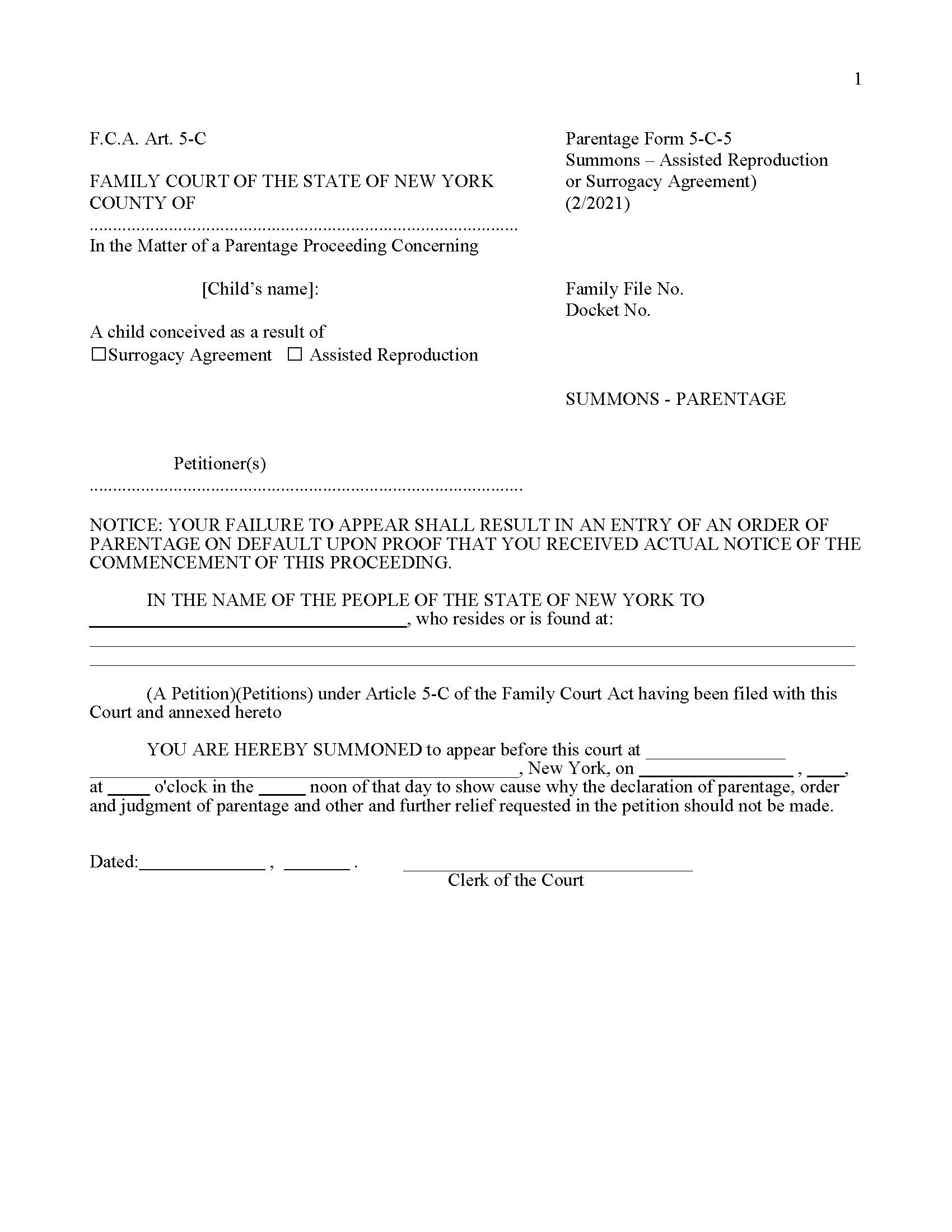 Summons - Parentage (Assisted Reproduction Or Surrogacy Agreement) {5-C-5} | Pdf Fpdf Docx | New York