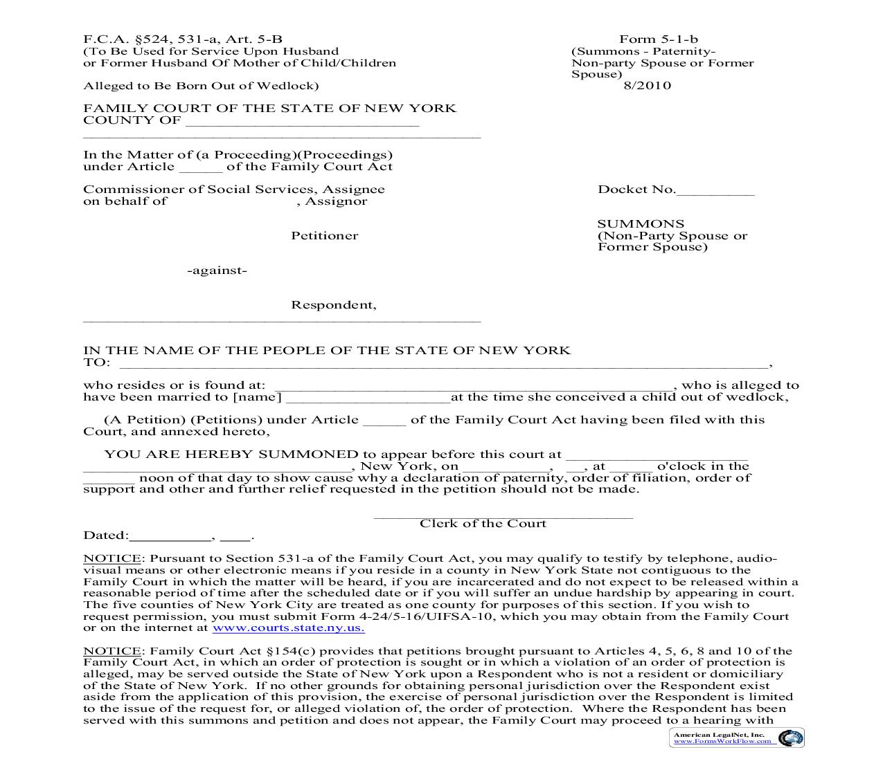 Summons Non Party Spouse Or Former Spouse {5-1-b} | Pdf Fpdf Doc Docx | New York