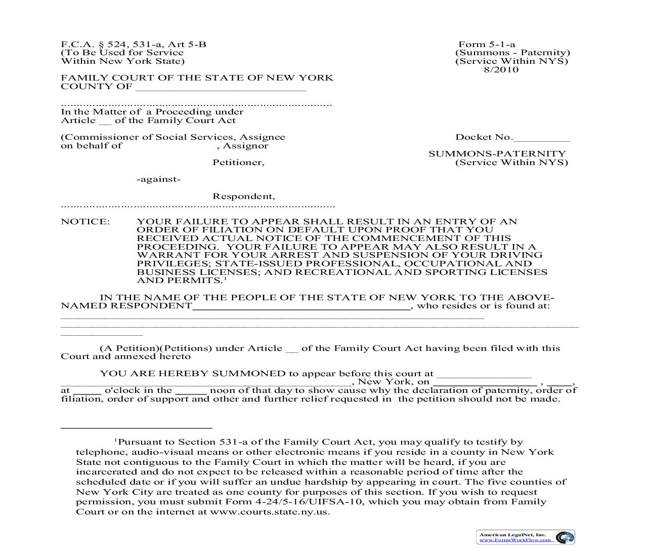 Summons-Paternity (Service Within NYS) {5-1a} | Pdf Fpdf Doc Docx | New York