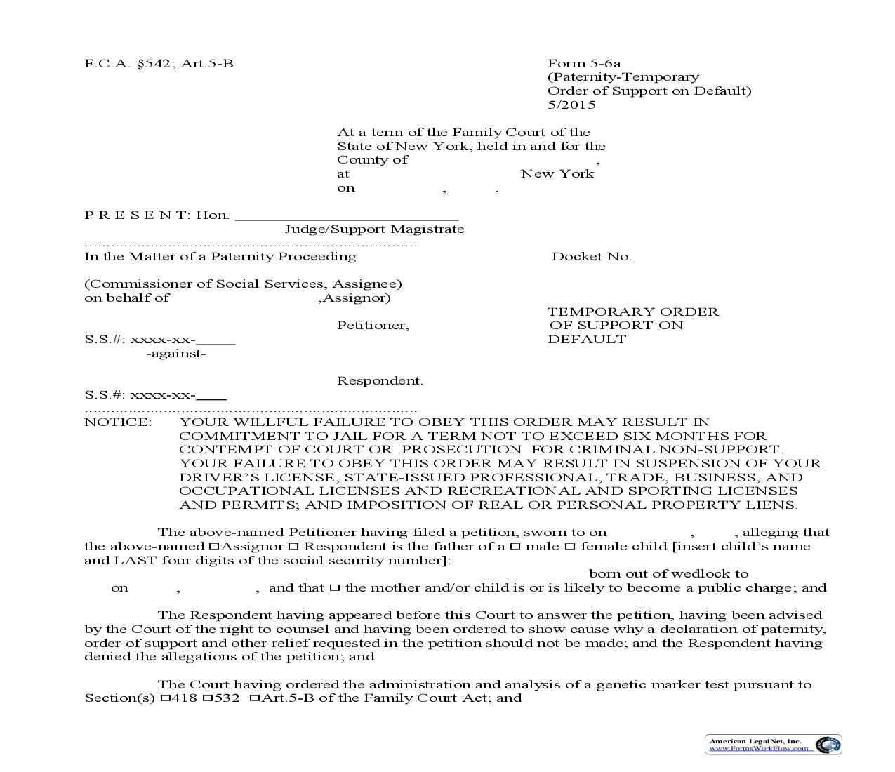 Temporary Order Of Support On Default {5-6a} | Pdf Fpdf Doc Docx | New York