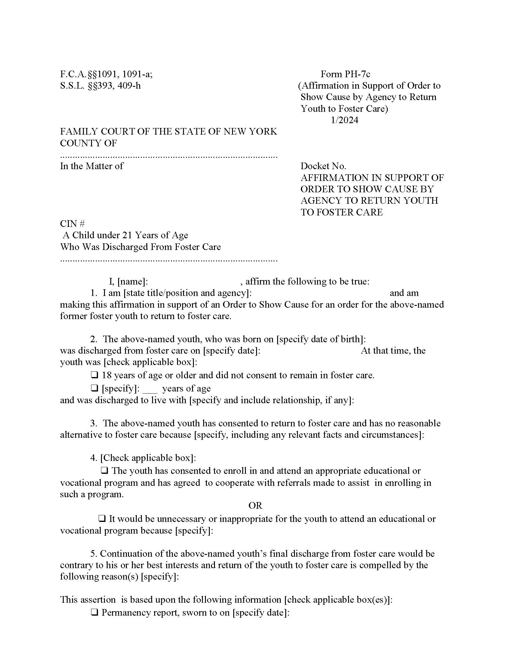 Affidavit In Support Order Show Cause Agency Return Youth Foster Care {PH-7c} | Pdf Fpdf Docx | New York
