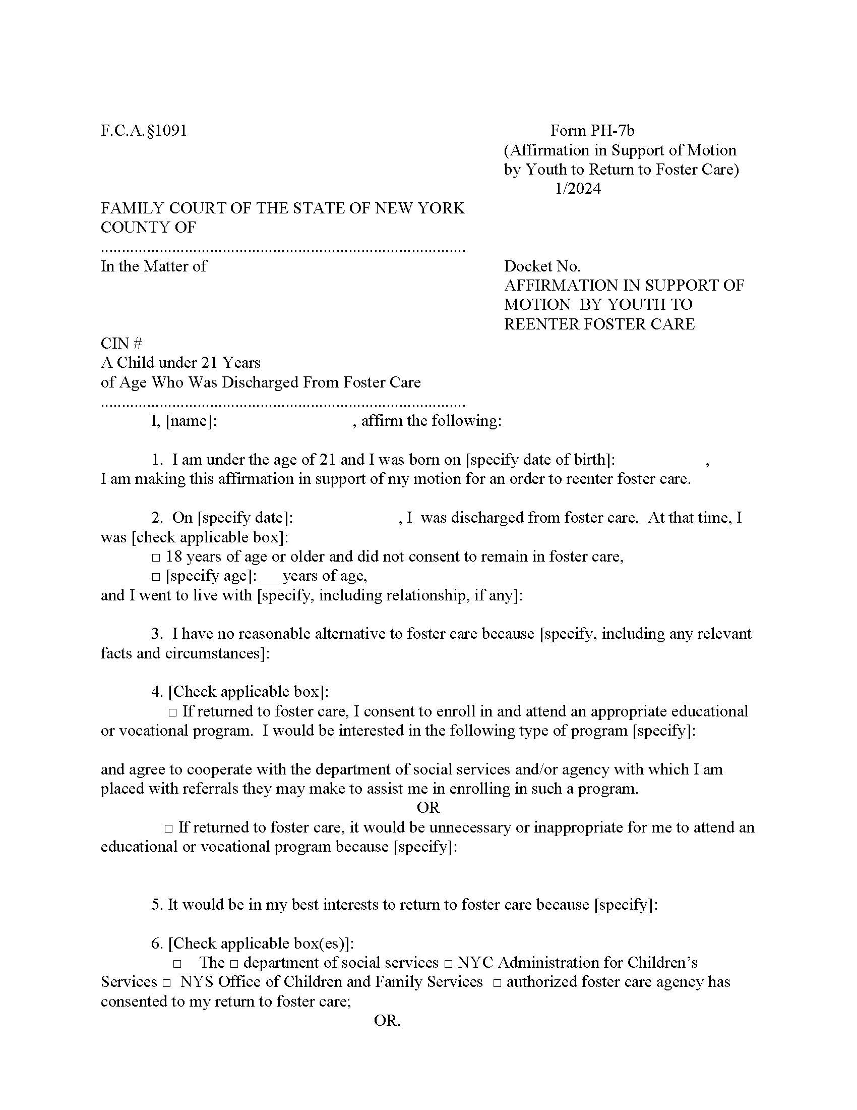 Affirmation In Support Of Motion By Youth To Reenter Foster Care {PH-7b} | Pdf Fpdf Doc Docx | New York
