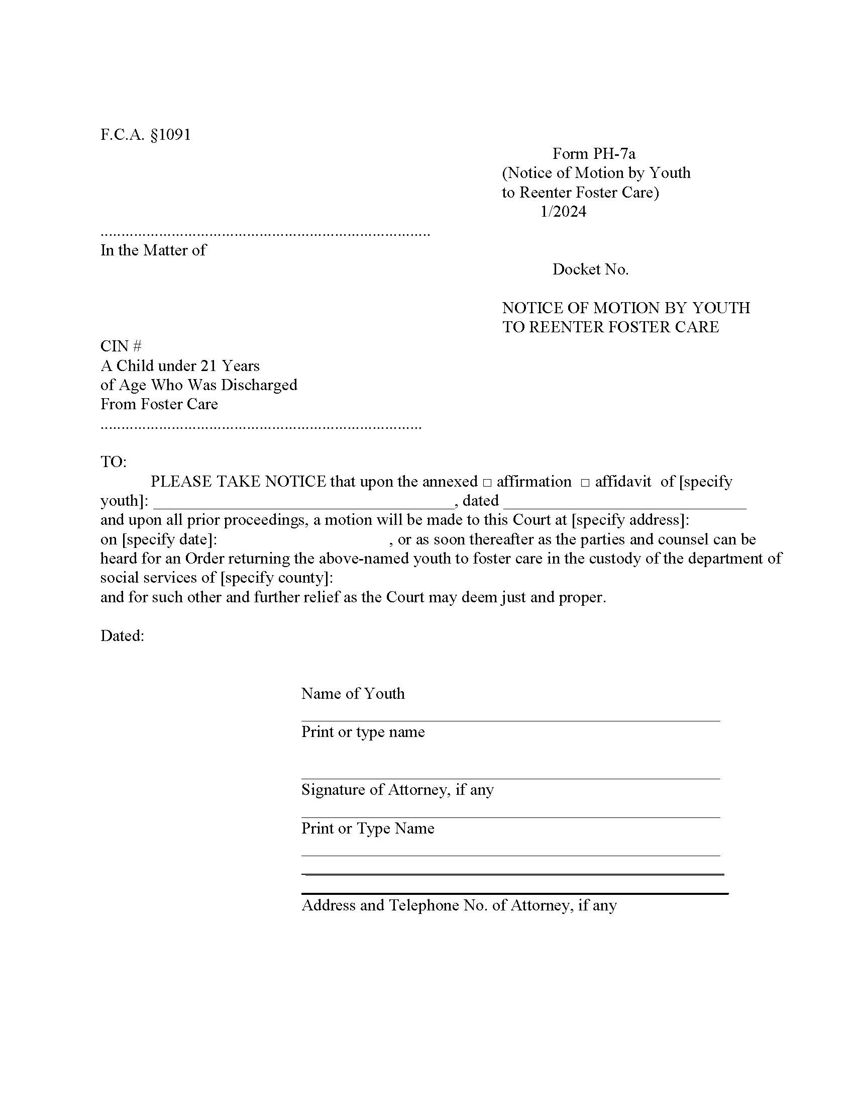 Notice Of Motion By Youth To Reenter Foster Care {PH-7a} | Pdf Fpdf Doc Docx | New York
