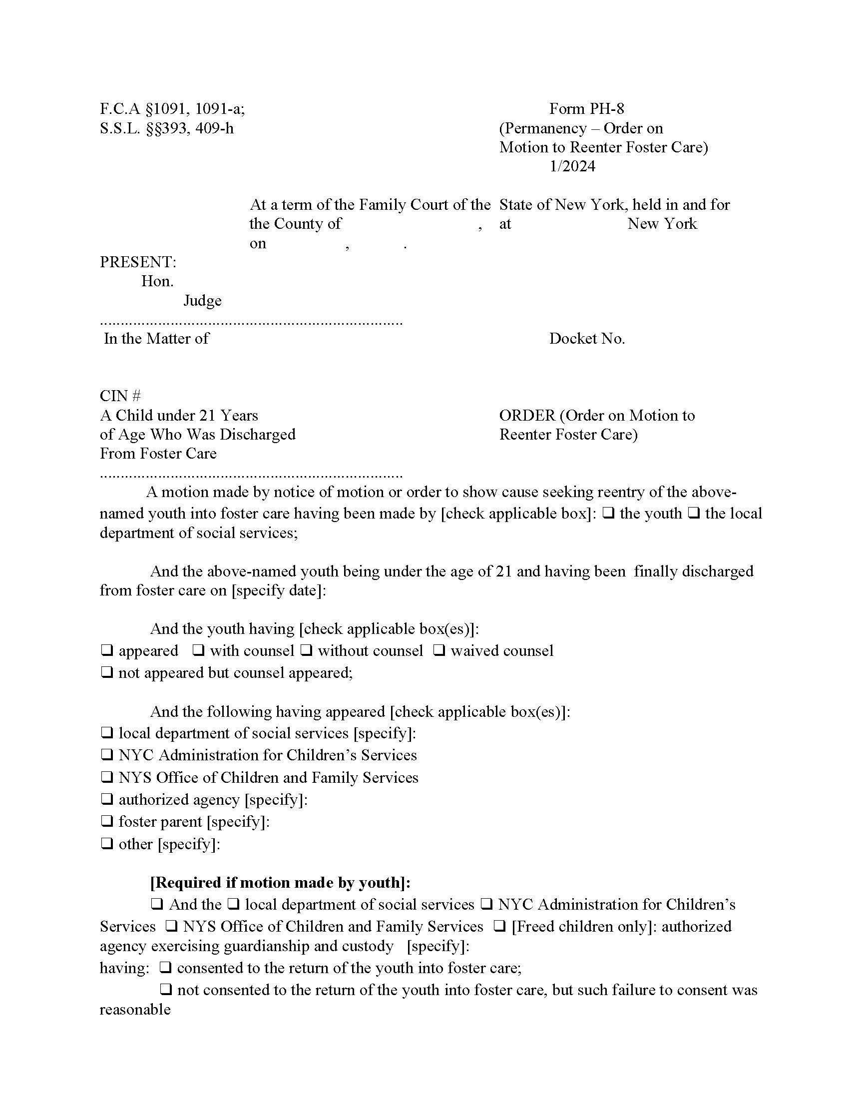Order On Motion To Reenter Foster Care {PH-8} | Pdf Fpdf Doc Docx | New York
