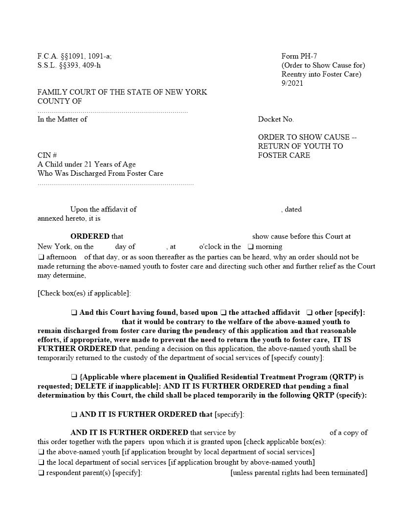 Order To Show Cause - Return Of Youth To Foster Care {PH-7} | Pdf Fpdf Doc Docx | New York
