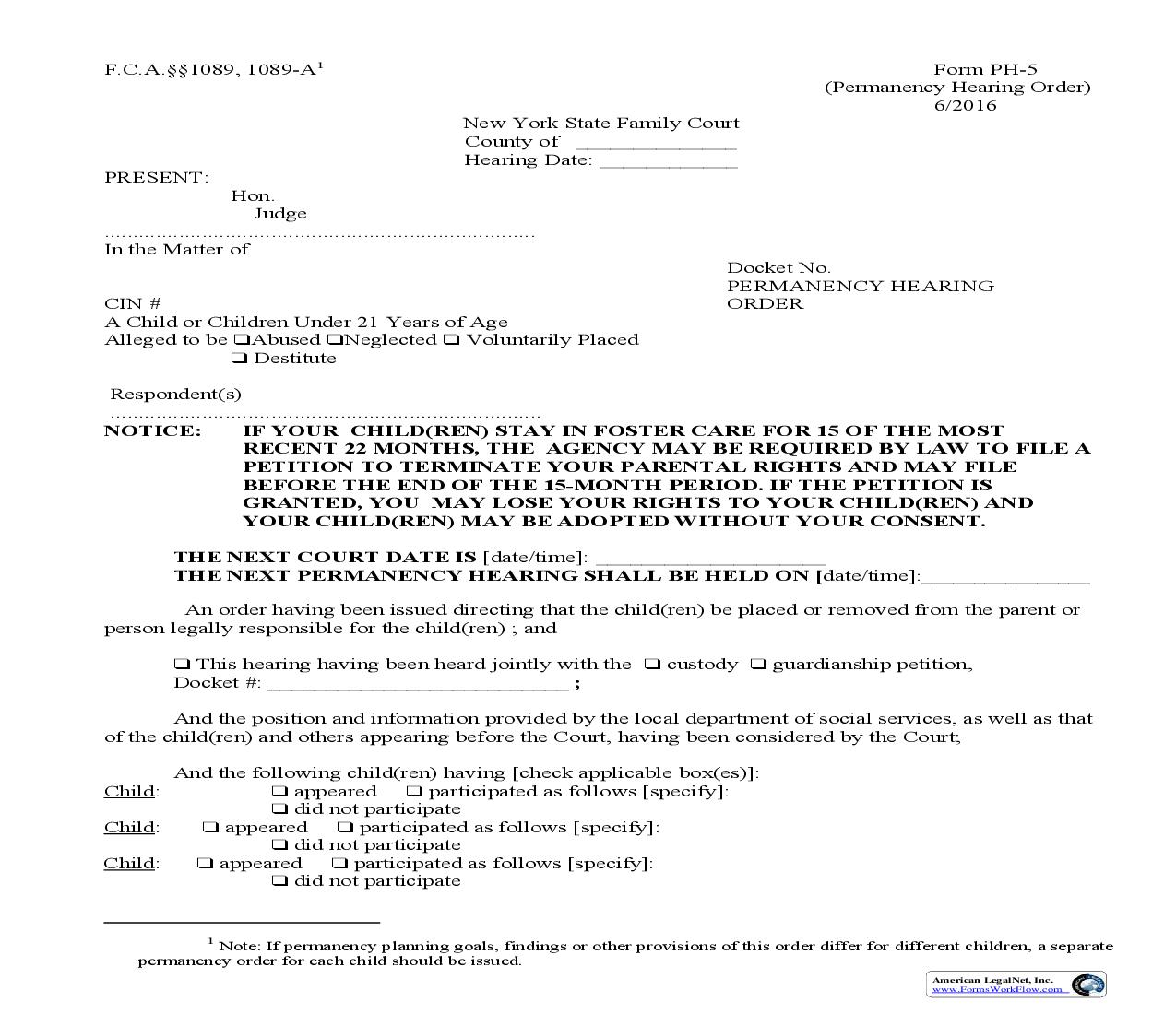 Permanency Hearing Order {PH-5} | Pdf Fpdf Doc Docx | New York