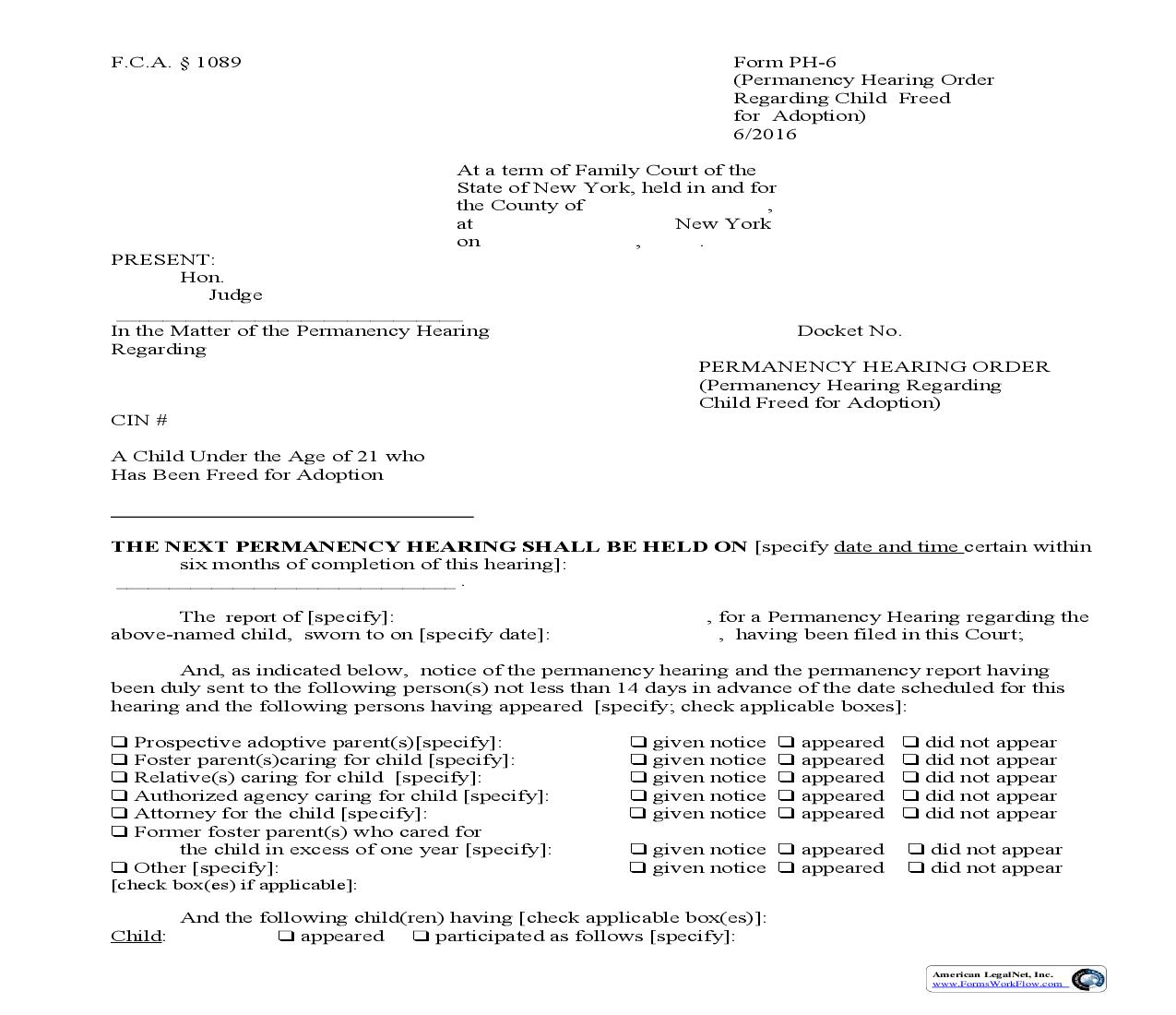 Permanency Hearing Order (Regarding Child Freed For Adoption) {PH-6} | Pdf Fpdf Doc Docx | New York