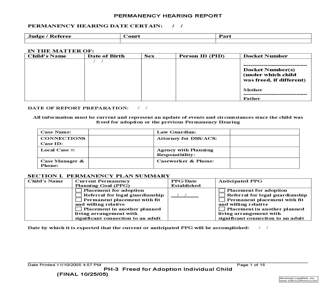 Permanency Hearing Report (Child Freed For Adoption) {PH-3} | Pdf Fpdf Doc Docx | New York
