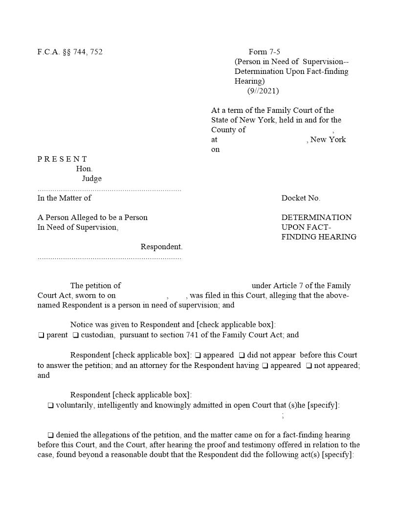 Determination Upon Fact Finding Hearing {7-5} | Pdf Fpdf Doc Docx | New York