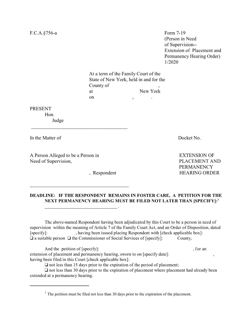 Extension Of Placement And Permanency Hearing Order {7-19} | Pdf Fpdf Doc Docx | New York