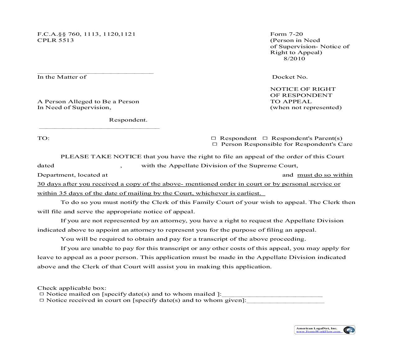 Notice Of Right Of Respondent To Appeal When Not Represented {7-20} | Pdf Fpdf Doc Docx | New York