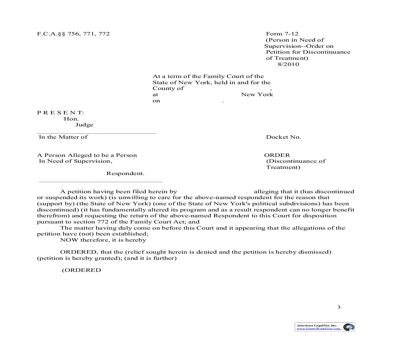 Order Discontinuance Of Treatment {7-12} | Pdf Fpdf Doc Docx | New York