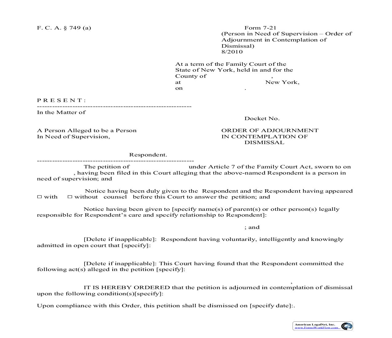 Order Of Adjournment In Contemplation Of Dismissal {7-21} | Pdf Fpdf Doc Docx | New York