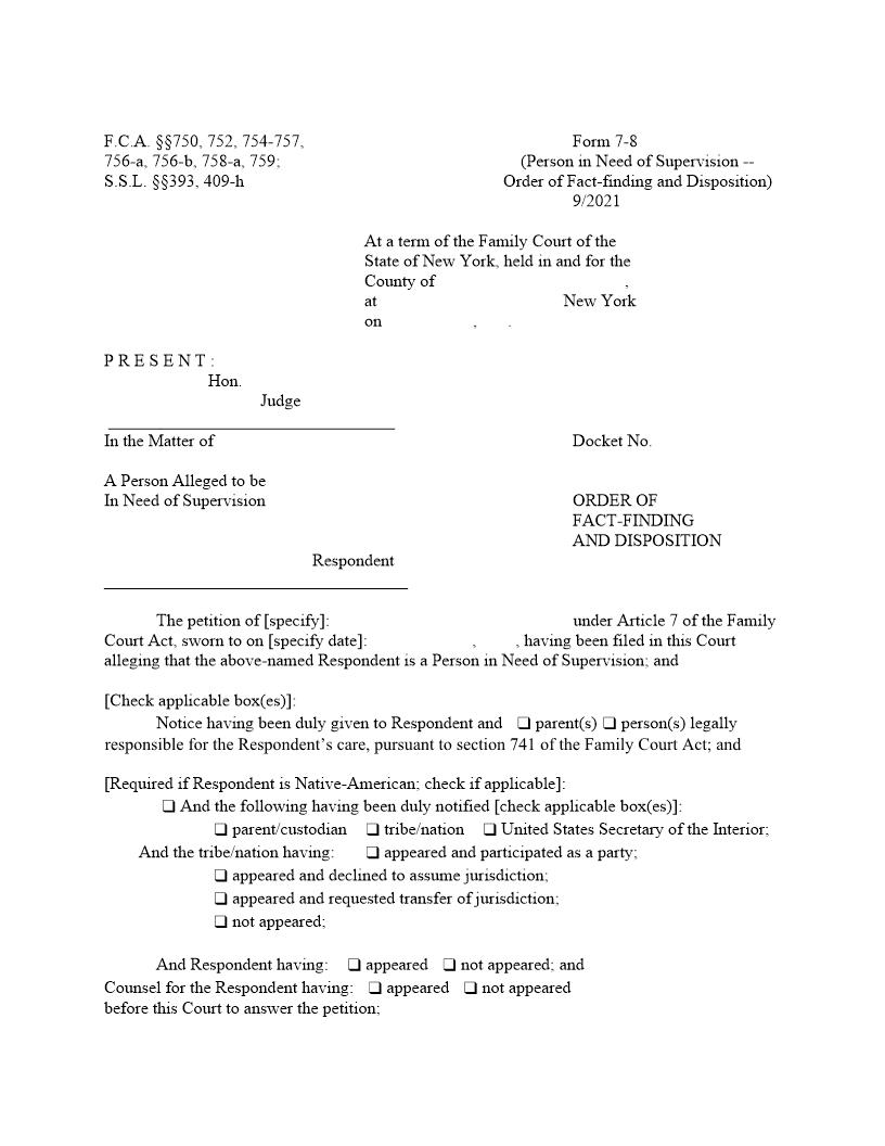 Order Of Fact-Finding And Disposition (PINS) {7-8} | Pdf Fpdf Doc Docx | New York