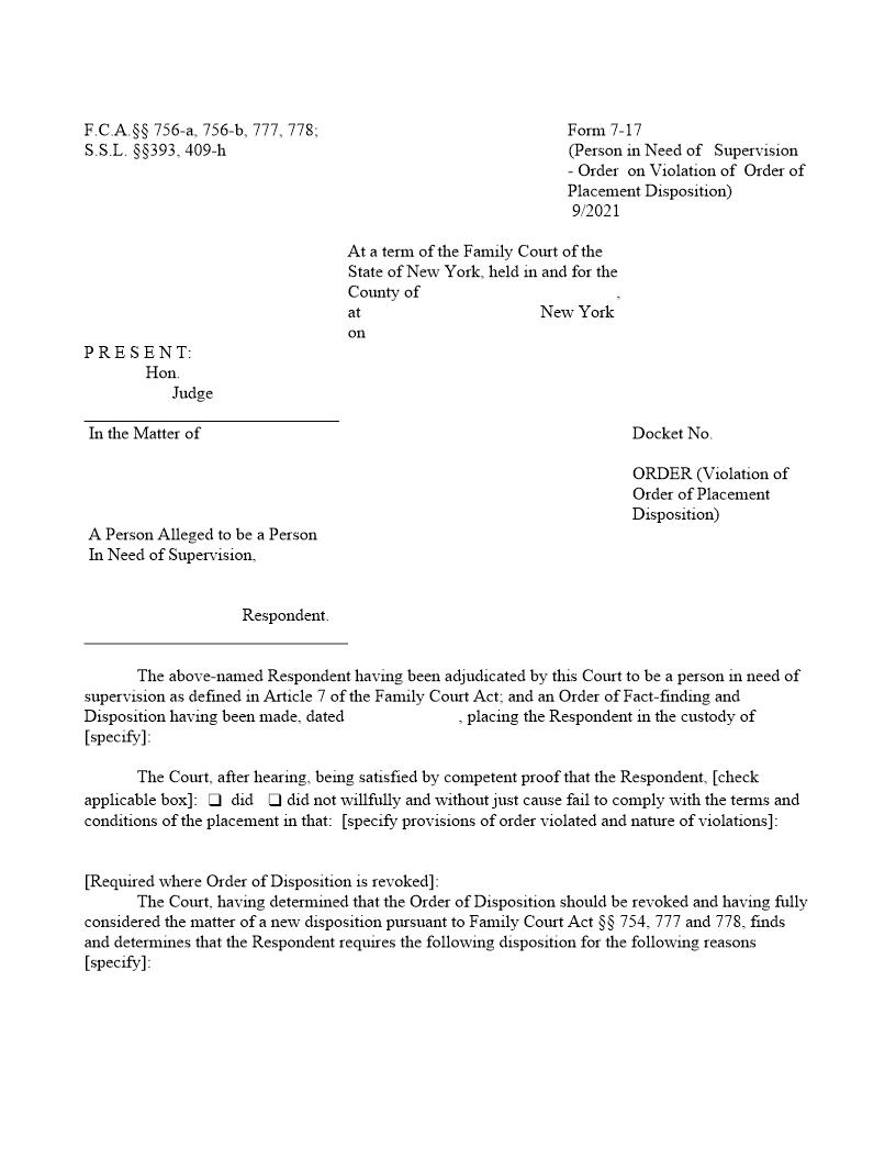 Order On Violation Of Order Of Placement Disposition {7-17} | Pdf Fpdf Doc Docx | New York