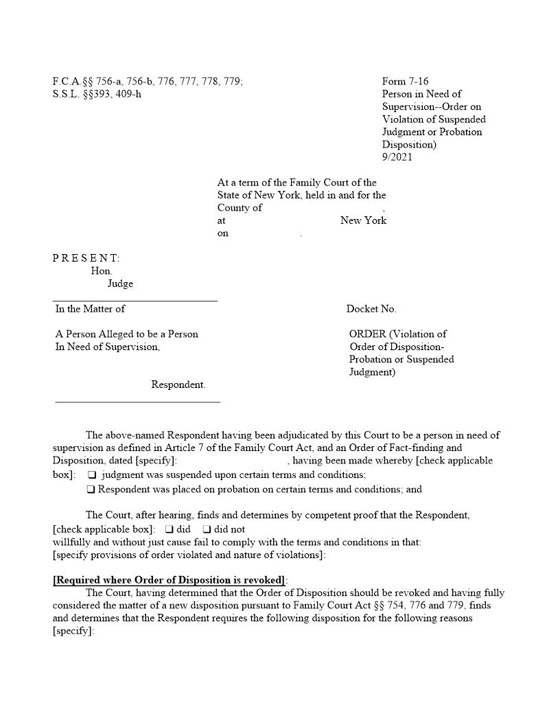 Order Violation Of Order Of Disposition Probation Or Suspended Judgment {7-16} | Pdf Fpdf Doc Docx | New York