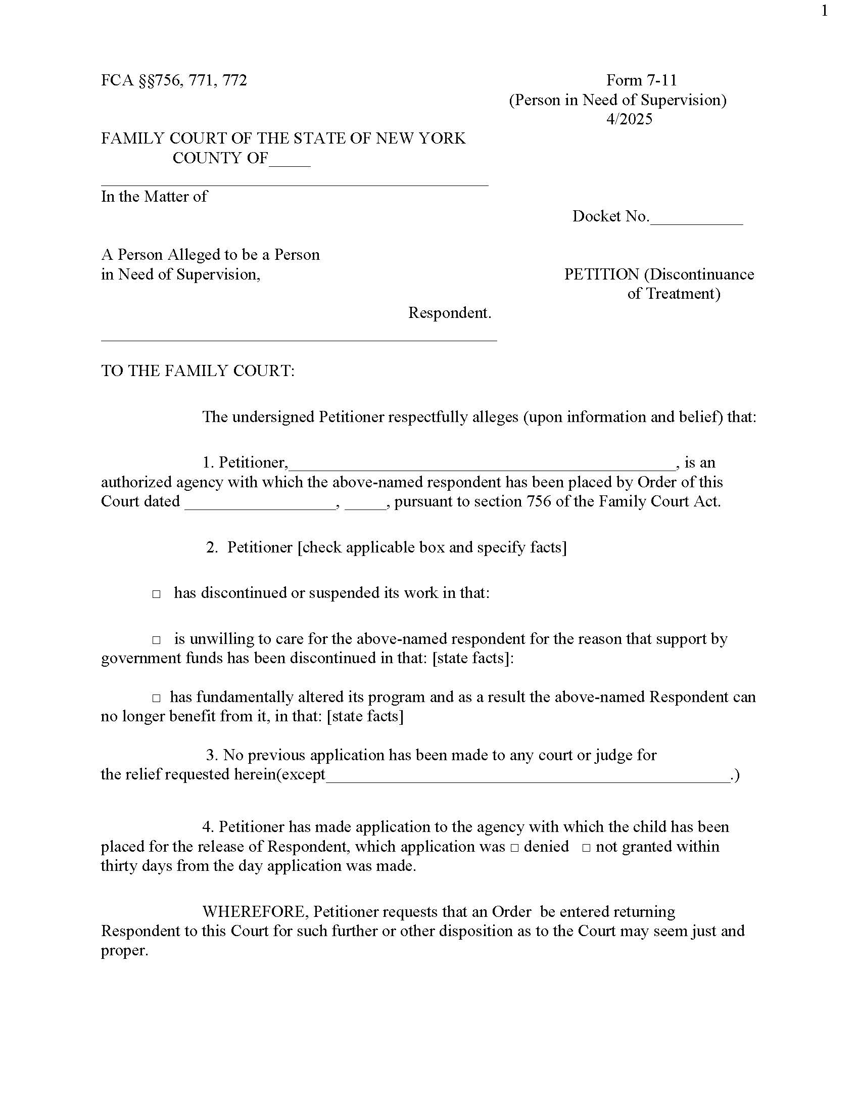 Petition (Discontinuance Of Treatment) {7-11} | Pdf Fpdf Doc Docx | New York