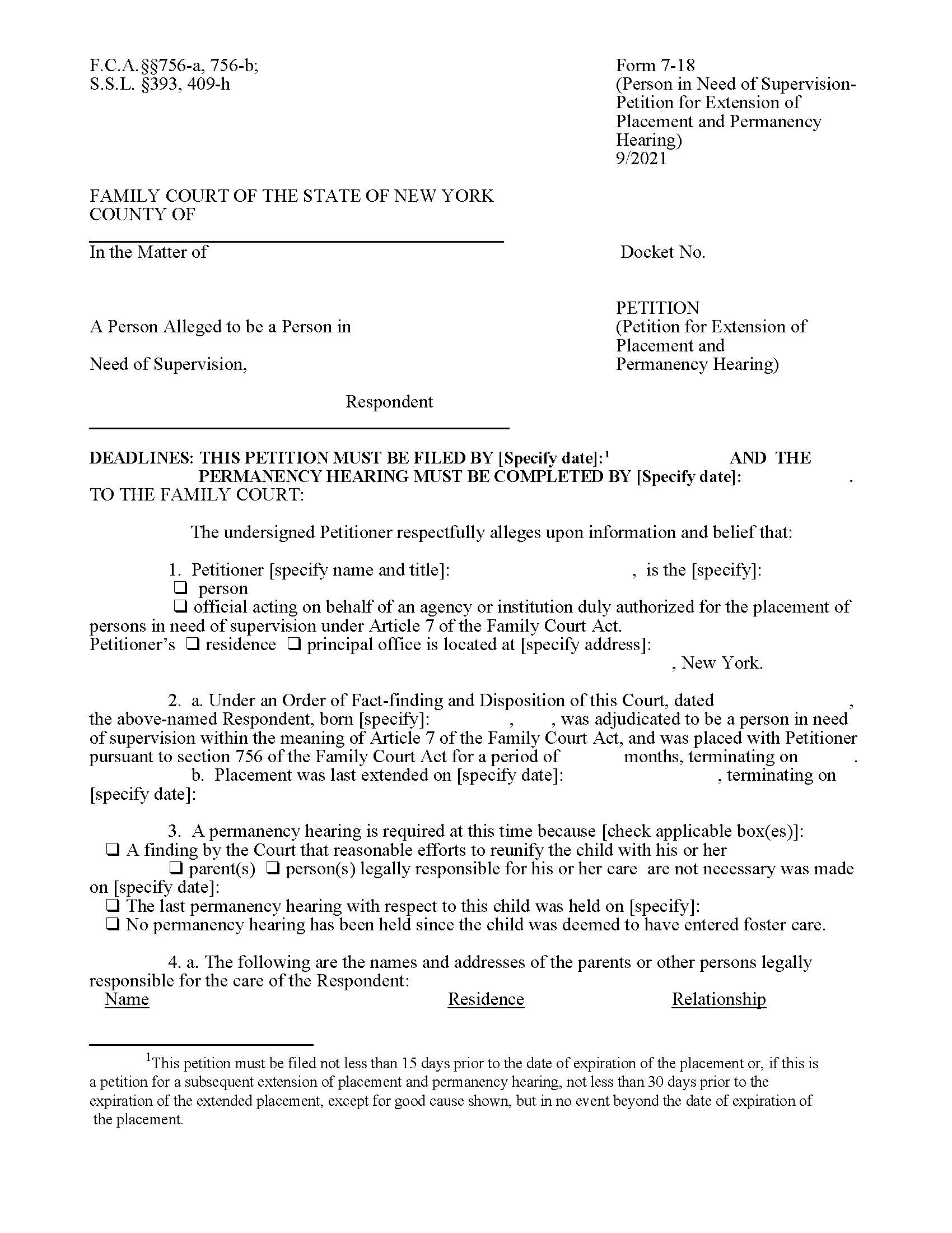 Petition (Extension Of Placement And Permanency Hearing) {7-18} | Pdf Fpdf Doc Docx | New York