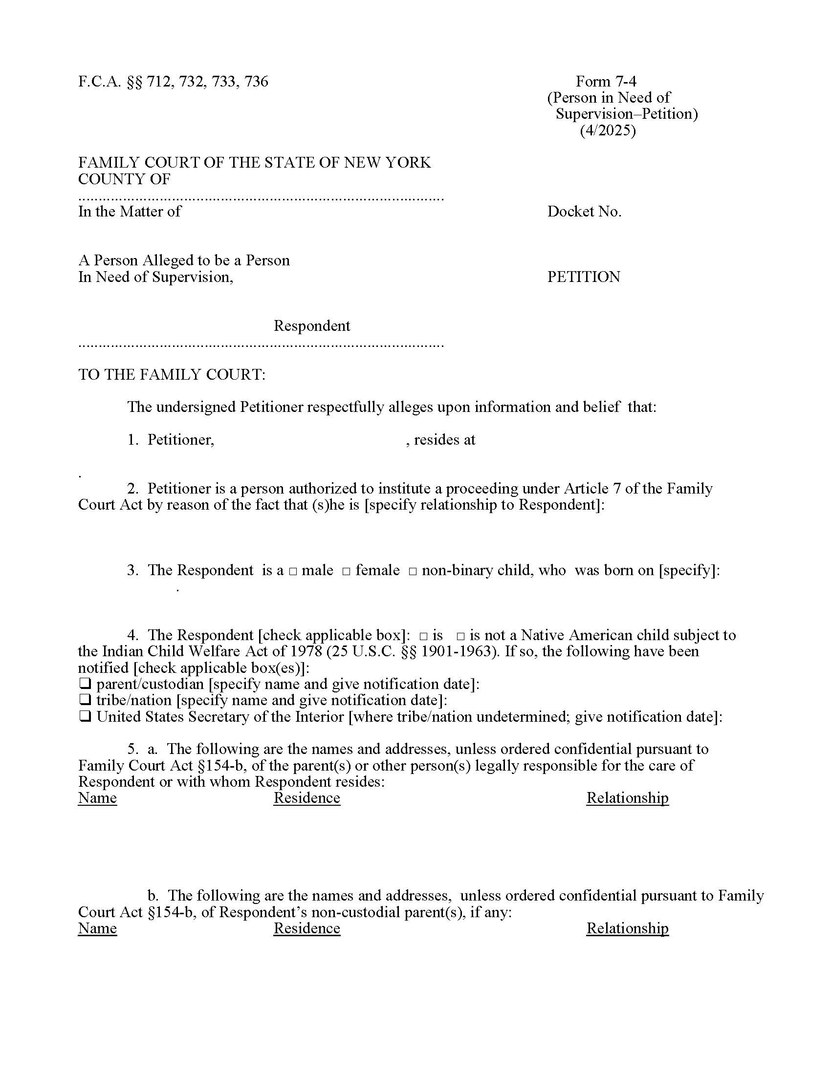 Petition (Person In Need Of Supervision) {7-4} | Pdf Fpdf Doc Docx | New York