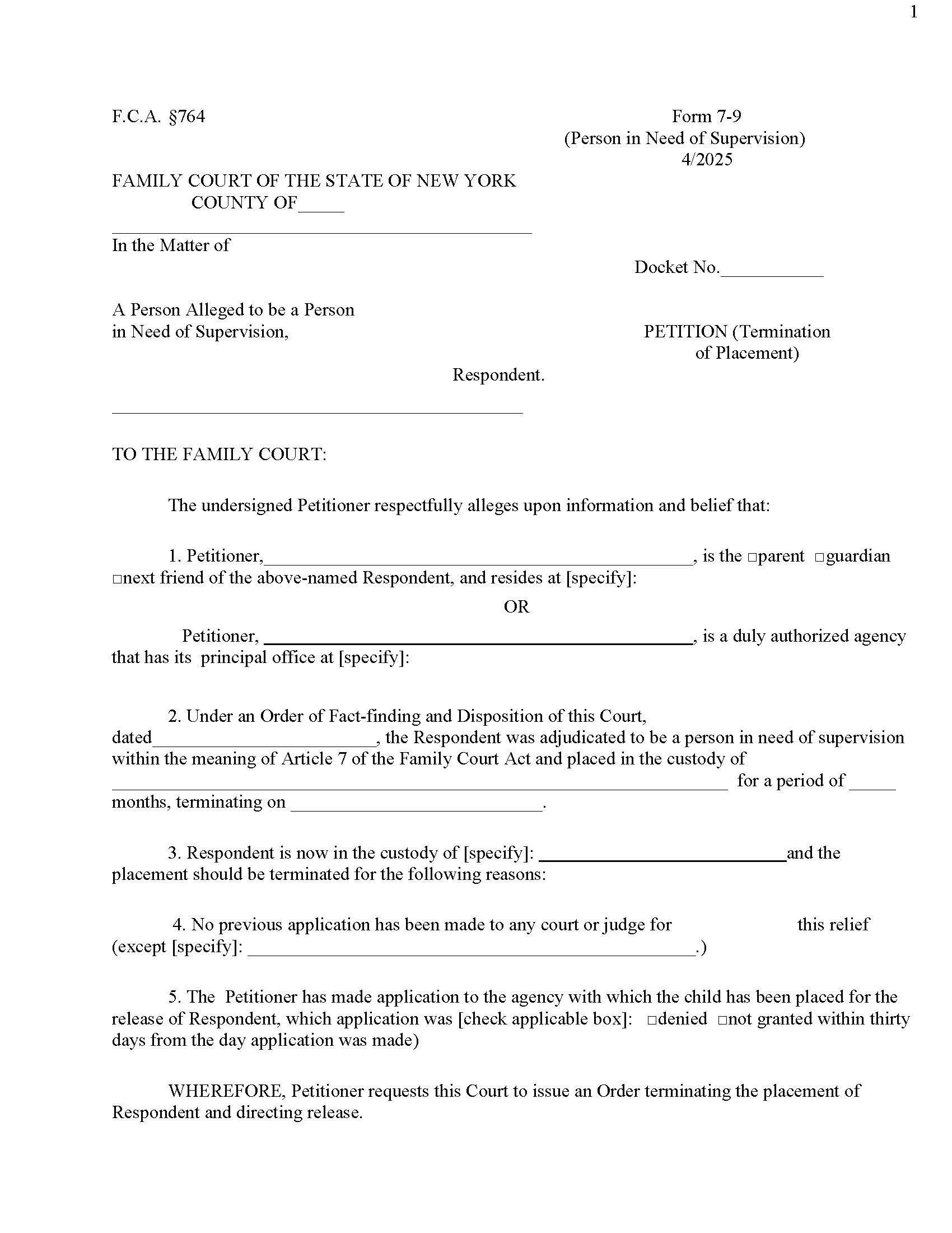 Petition Termination Of Placement {7-9} | Pdf Fpdf Doc Docx | New York