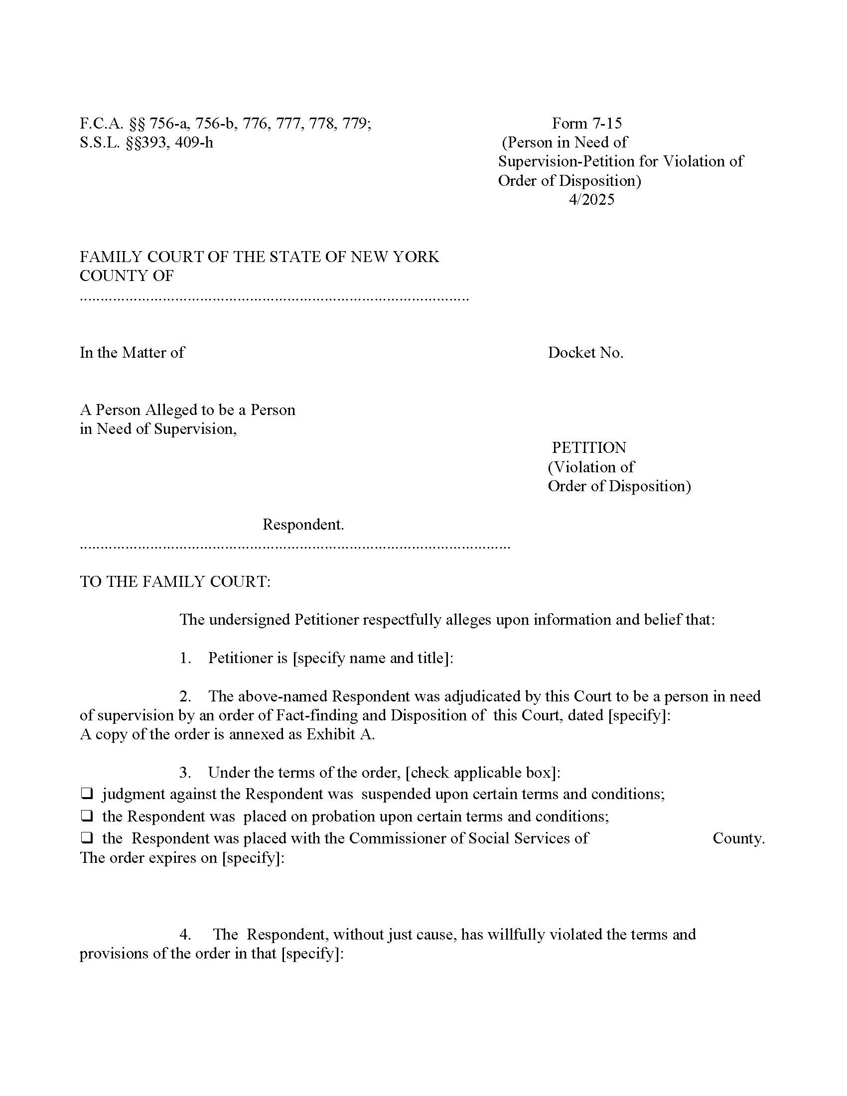 Petition Violation Of Order Of Disposition {7-15} | Pdf Fpdf Doc Docx | New York