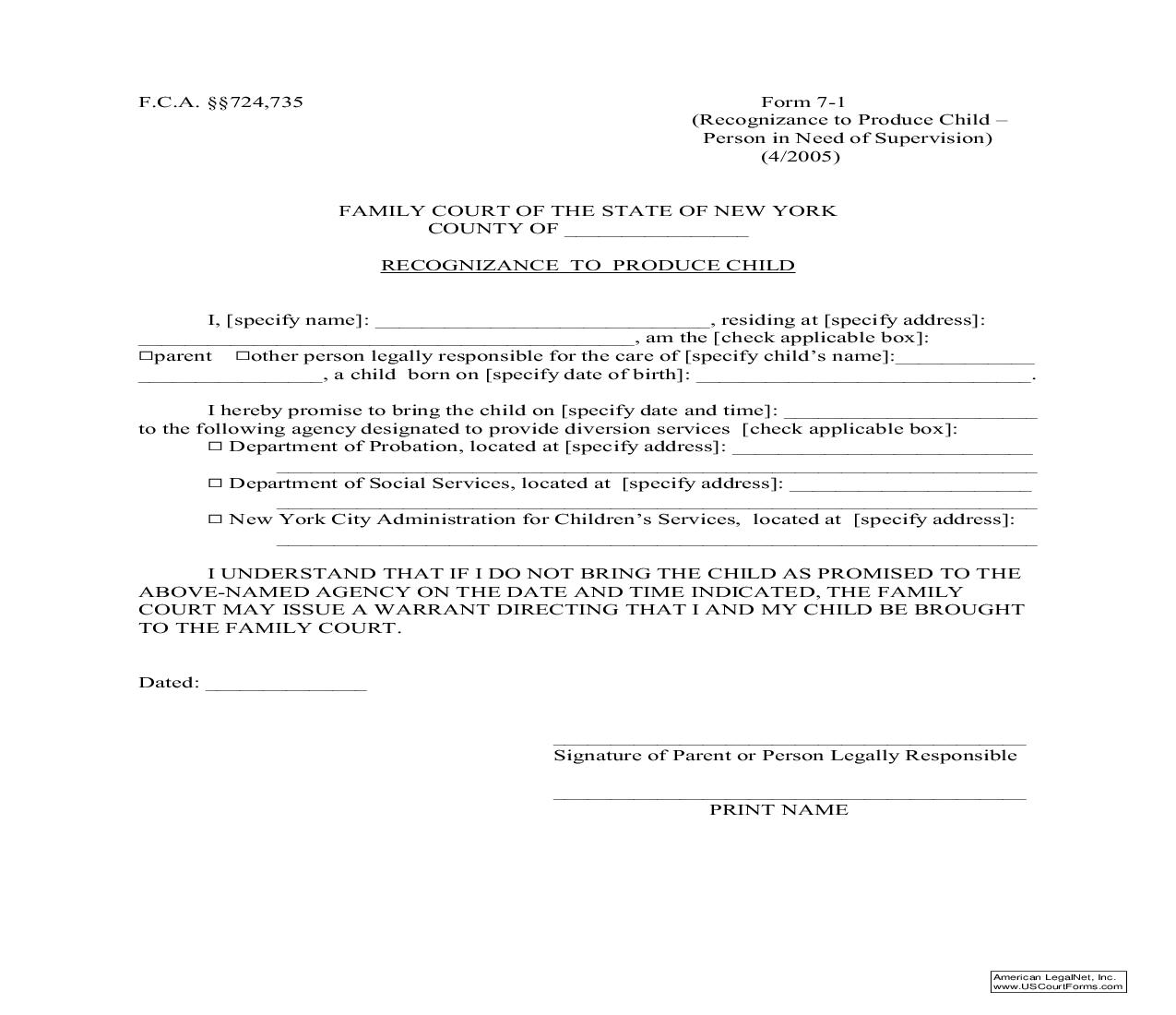 Recognizance To Produce Child {7-1} | Pdf Fpdf Doc Docx | New York